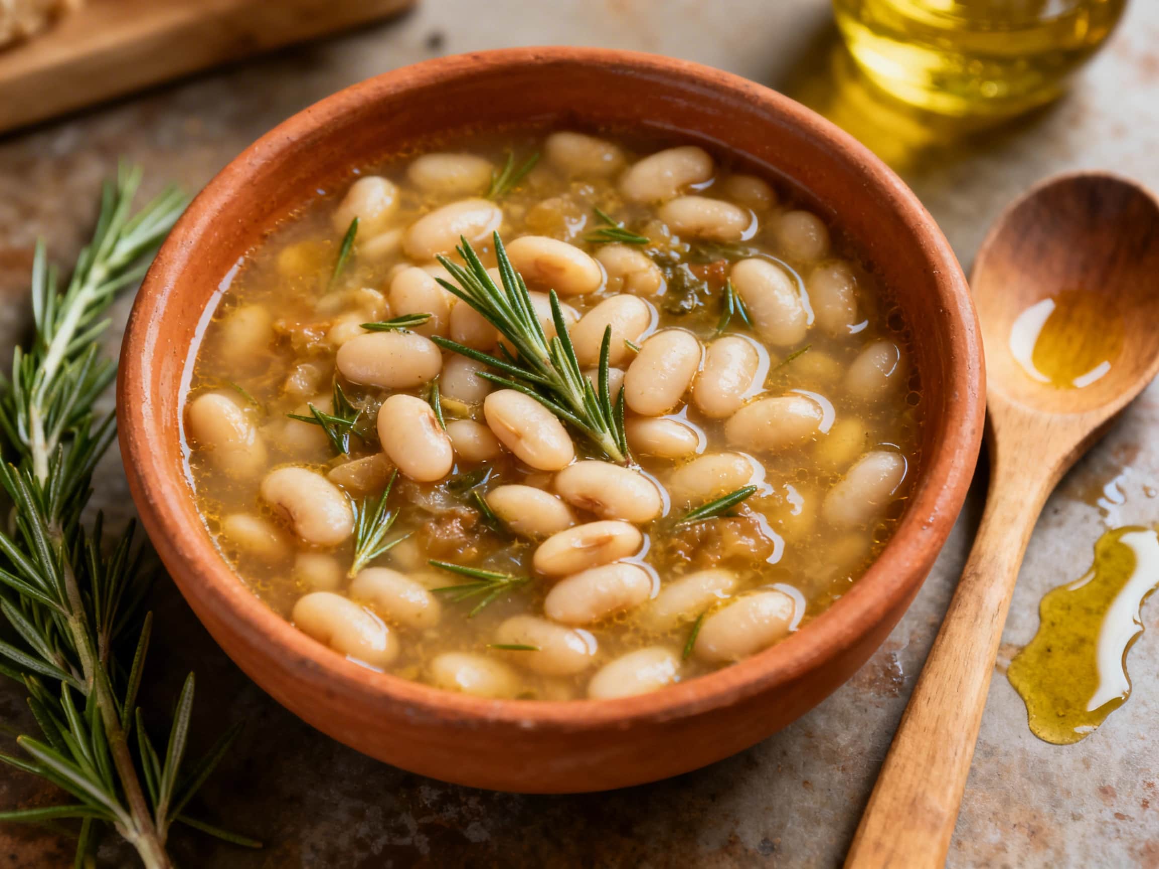 A heart-warming bowl of Tuscan white bean soup, garnished with fresh rosemary and a delicate swirl of olive oil. The creamy soup is brimming with tender cannellini beans, bright green kale, and vibrant pieces of sun-dried tomatoes. It sits on a dark wooden surface, casting a cozy ambiance, with a piece of crusty bread invitingly placed beside it.