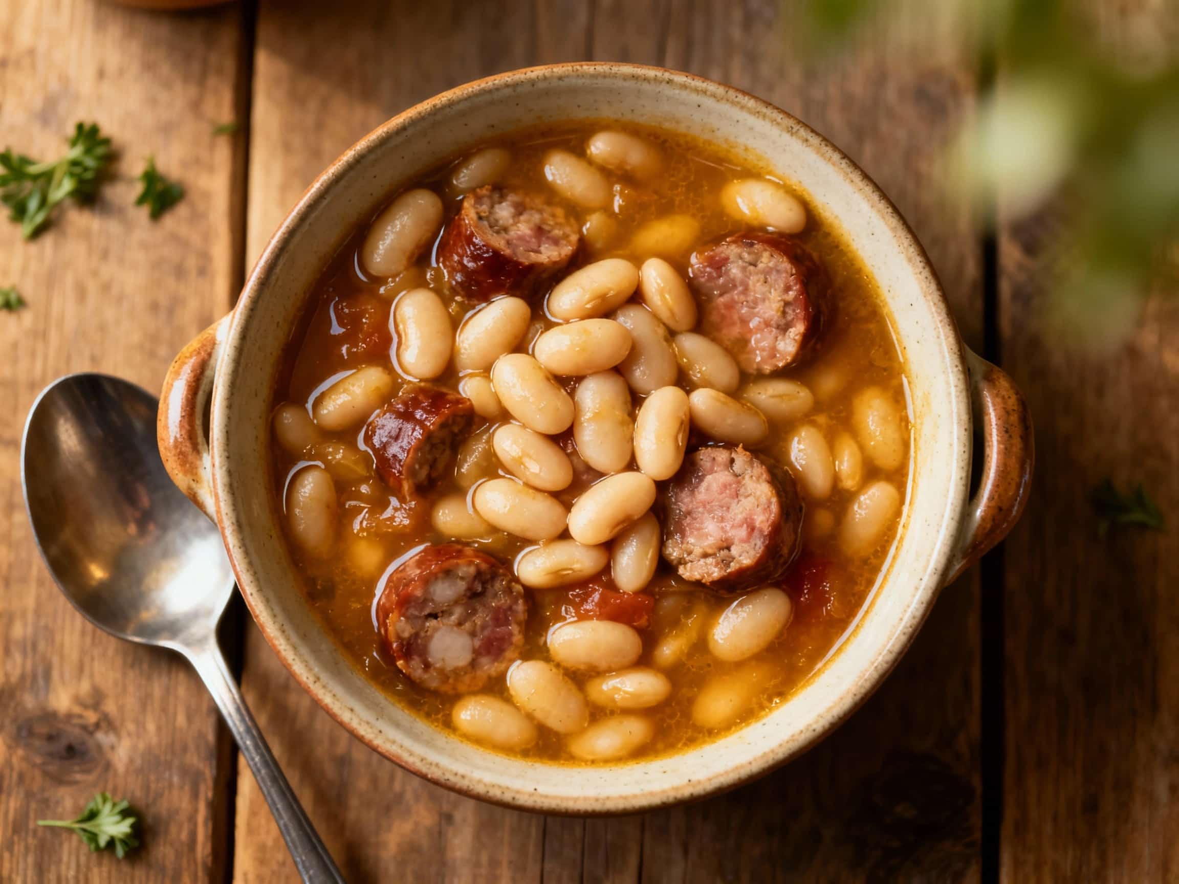 A rustic bowl of Tuscan white bean and sausage stew, garnished with fresh parsley and served in a cast iron pot, evoking a cozy, comforting meal.