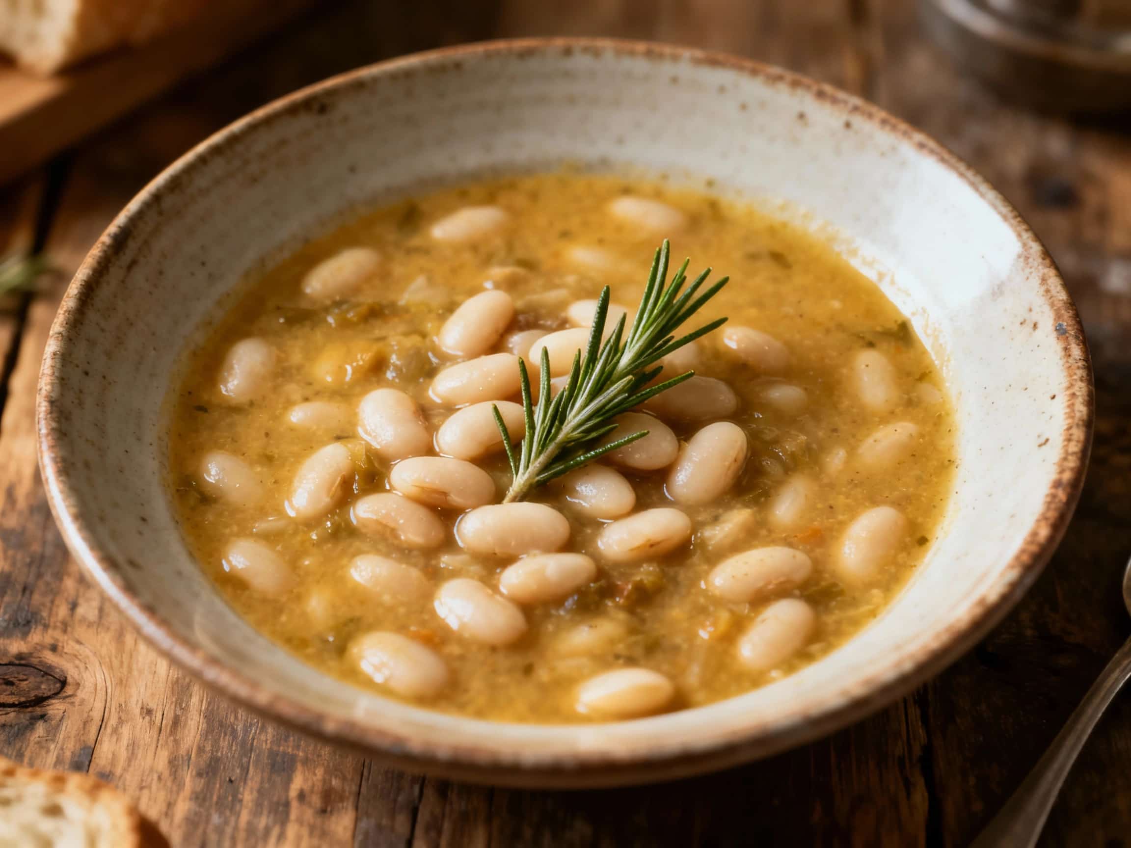 A hearty Tuscan white bean soup is served in a rustic white bowl, garnished with fresh rosemary sprigs and a drizzle of olive oil, ready to warm you on a chilly evening.