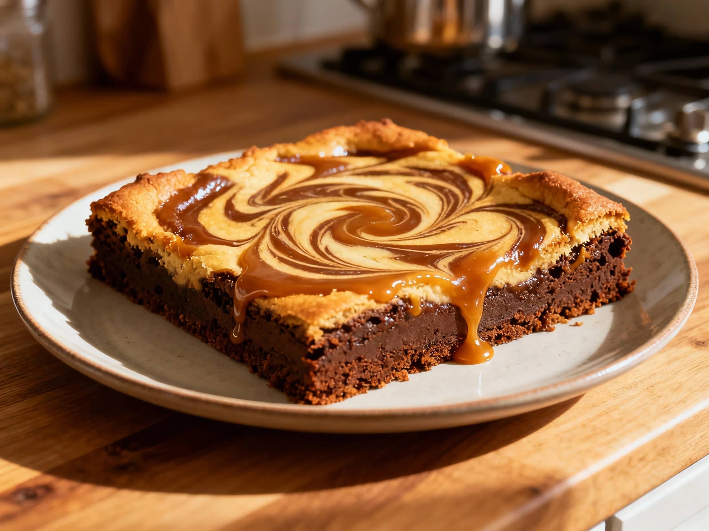 Decadent, fudgy brownies are swirled generously with a rich, glossy miso caramel and baked to perfection, creating a tempting, dark chocolate dessert with a sweet and savory glaze.