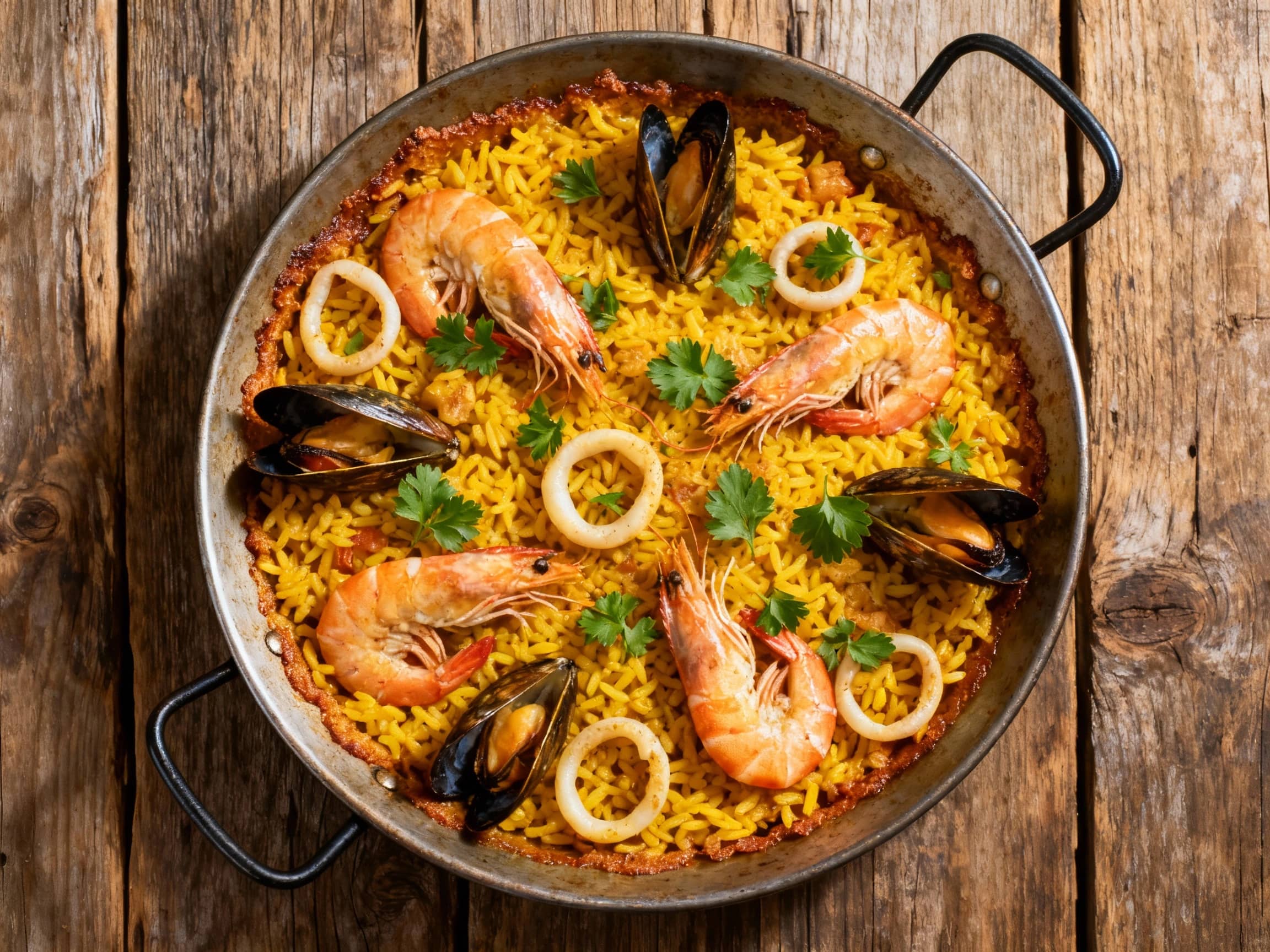 A vibrant Valenciana-style seafood paella is served in a rustic cast-iron pan, brimming with plump mussels, golden shrimp, and tender calamari nestled amidst saffron-infused rice.