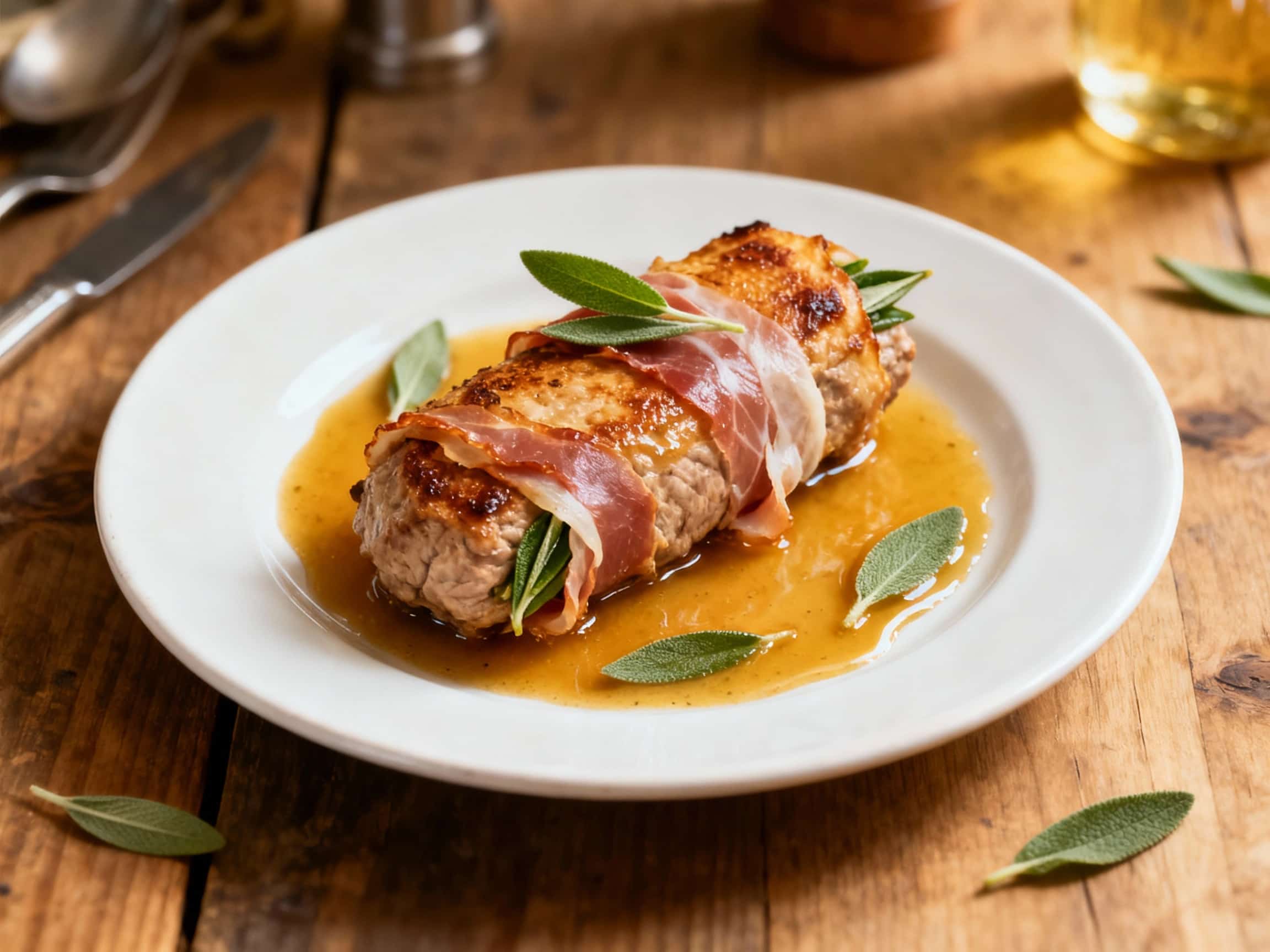 Tender rolled veal bragioli, glistening with sauce and stuffed with prosciutto and sage, are beautifully plated with a sprig of fresh sage and a side of creamy polenta, promising a rich and savory meal.