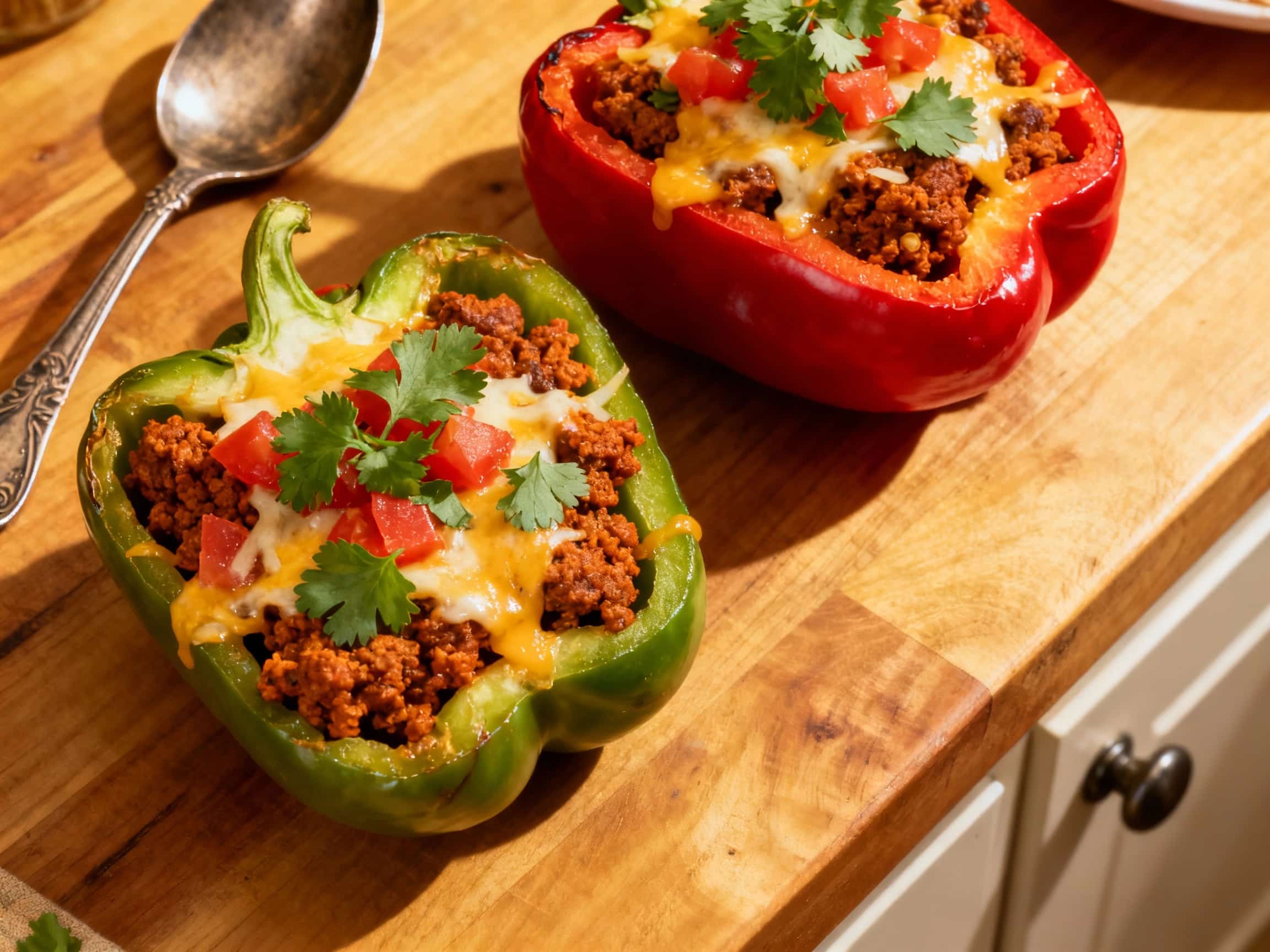 Spicy vegan chorizo and rice fill vibrant, roasted bell pepper halves, topped with fresh cilantro and a sprinkle of chili flakes for a flavorful and colorful vegan meal.
