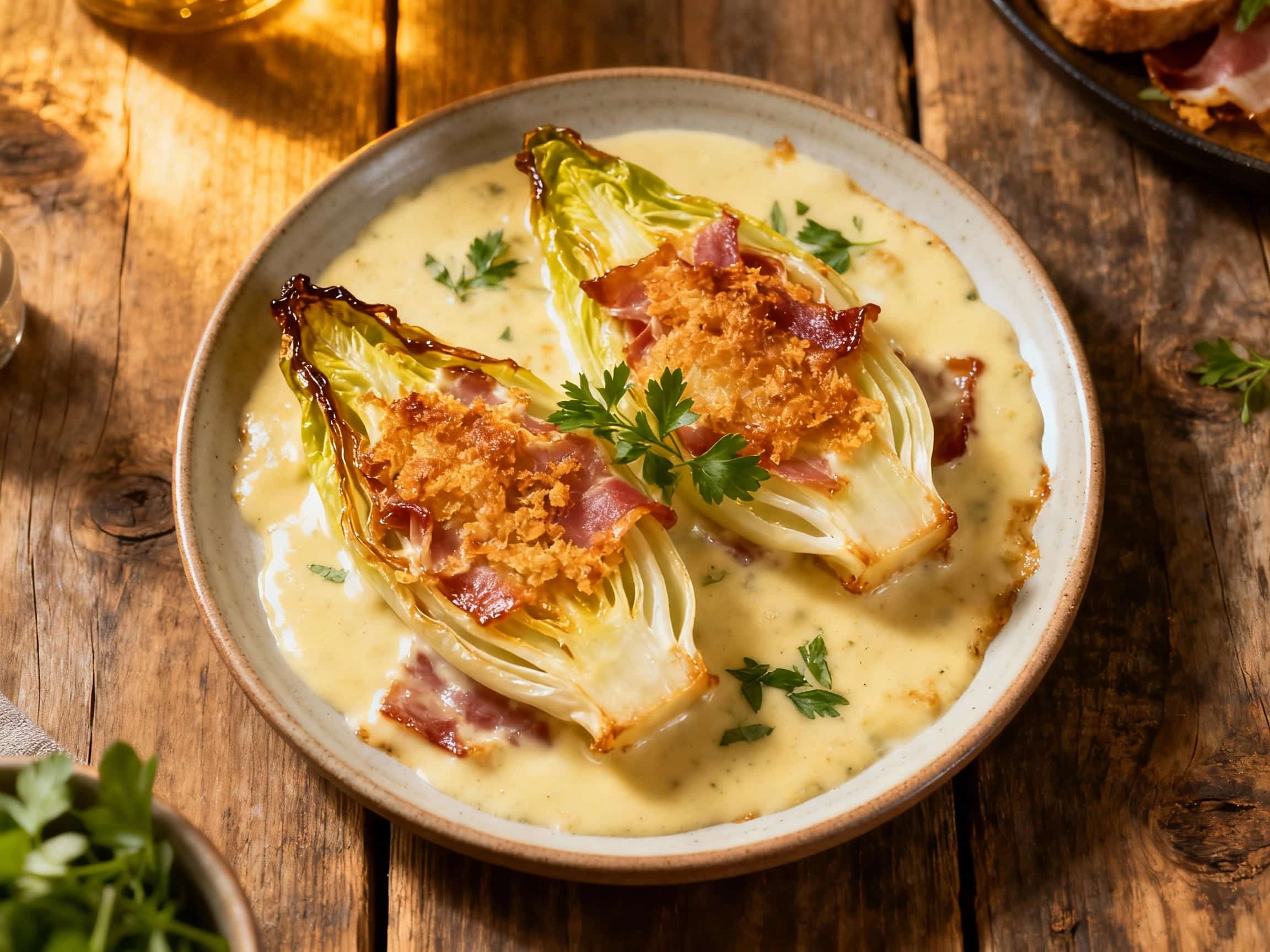 Warm, baked endive wraps are coated in a creamy vegan sauce and topped with a crispy breadcrumb and herb crust, ready to be served.