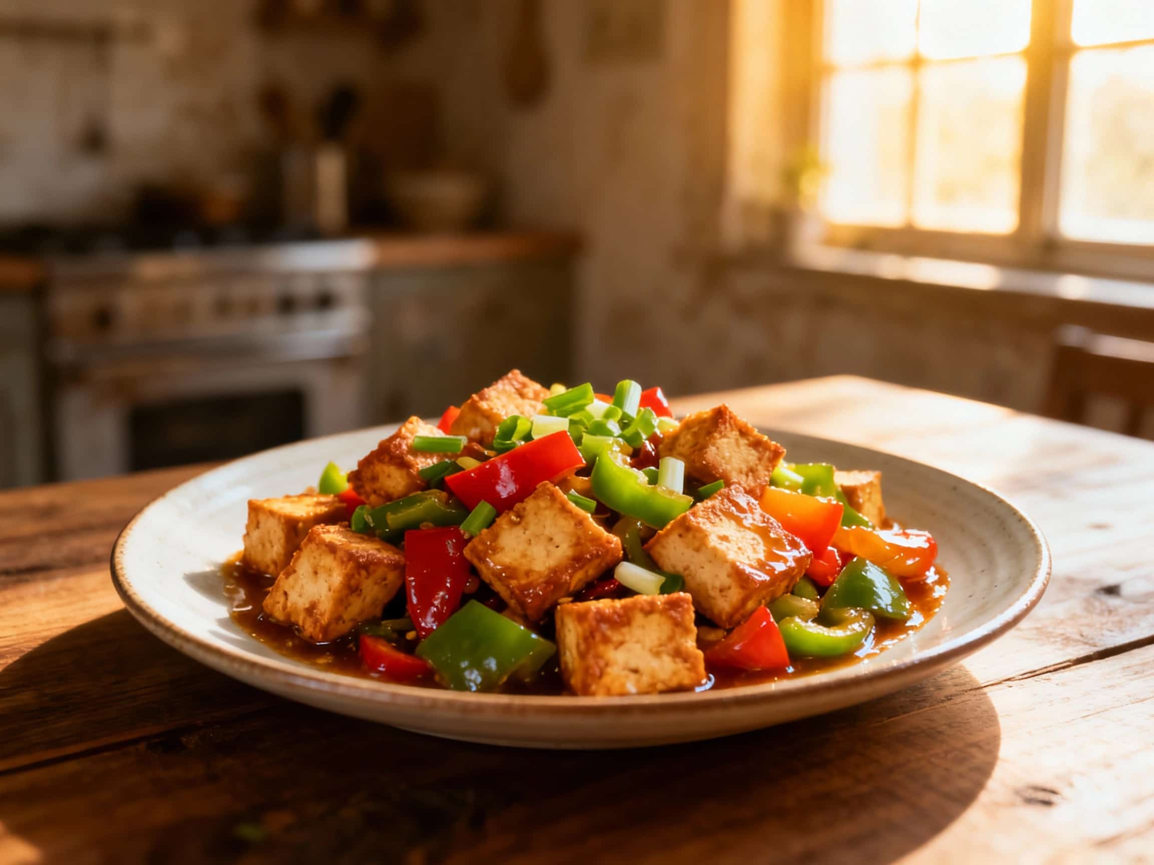 A vibrant vegetable kung pao stir-fry with golden, crispy tofu cubes is served glistening in a dark, savory sauce, garnished with fresh cilantro and a sprinkle of red pepper flakes for a visually appealing, restaurant-quality dish.