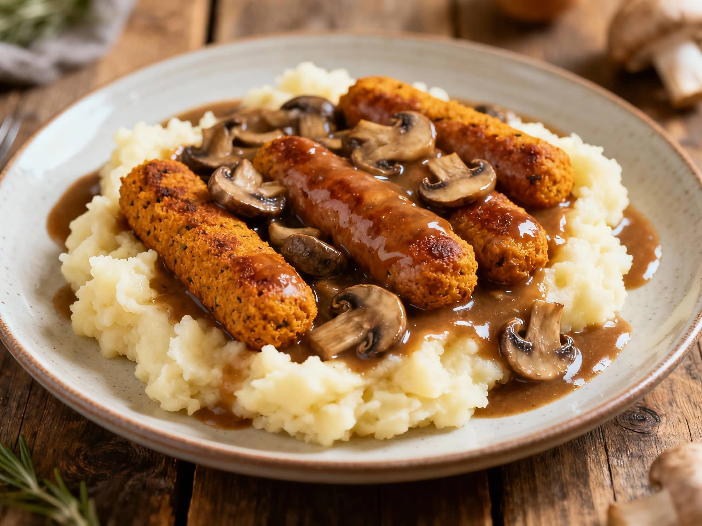 Hearty vegetarian sausages are nestled on creamy mashed potatoes, generously topped with a rich mushroom gravy and fresh parsley garnish, ready to comfort and satisfy.
