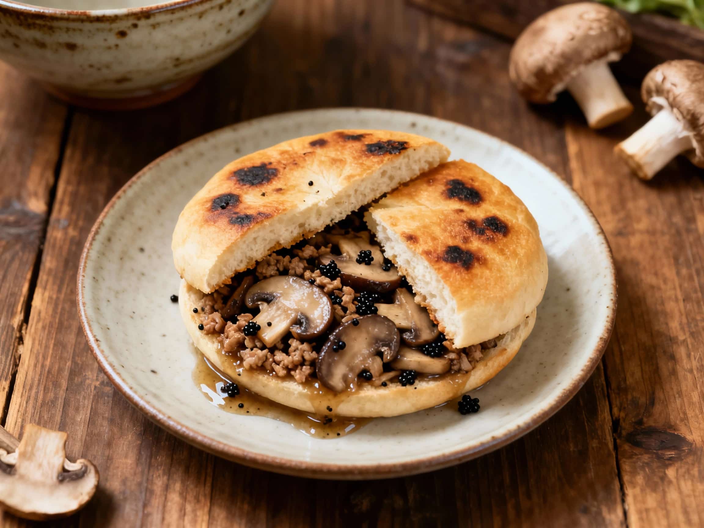 Golden-brown mushroom pepper buns are stacked artfully on a rustic wooden board, glistening with a savory sauce and sprinkled with fresh green herbs.