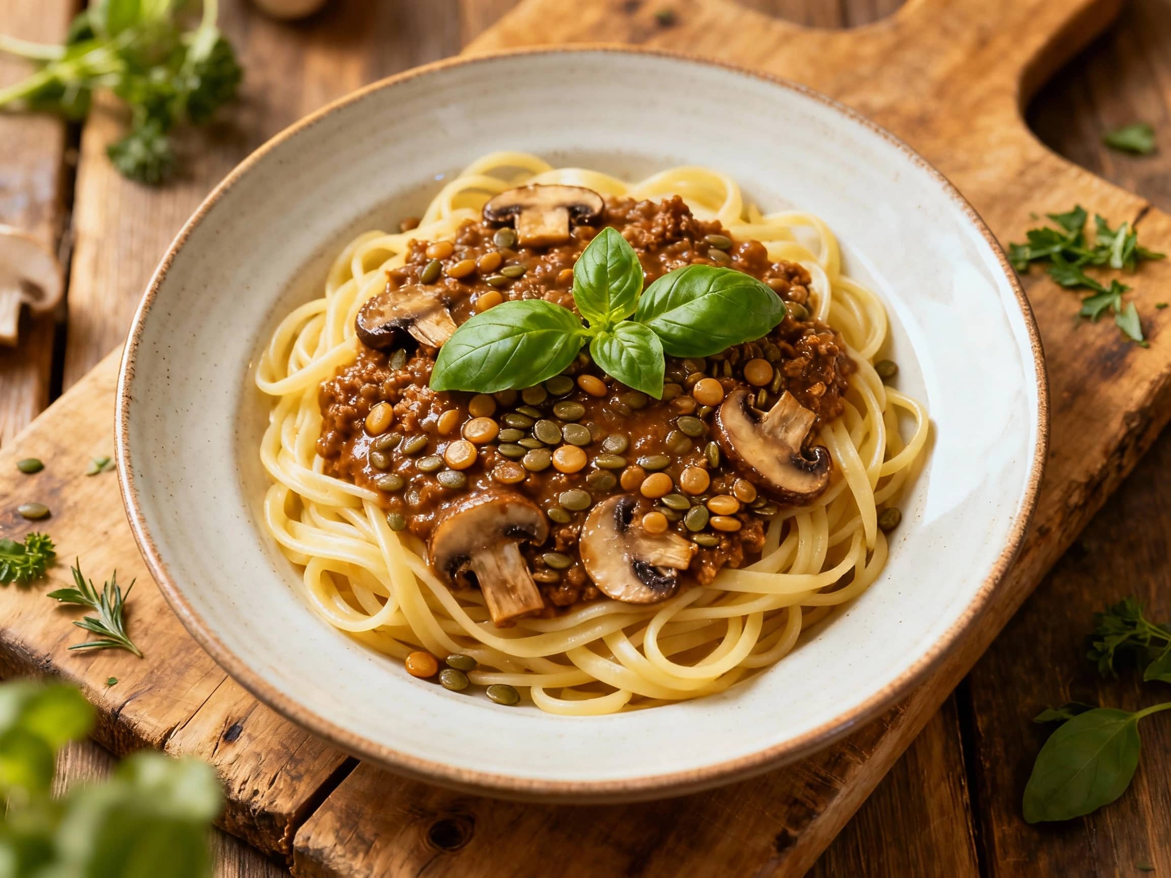A rich, hearty vegetarian bolognese made with lentils and mushrooms simmers in a rustic terracotta pot, topped with fresh basil leaves, ready to be served over pasta.