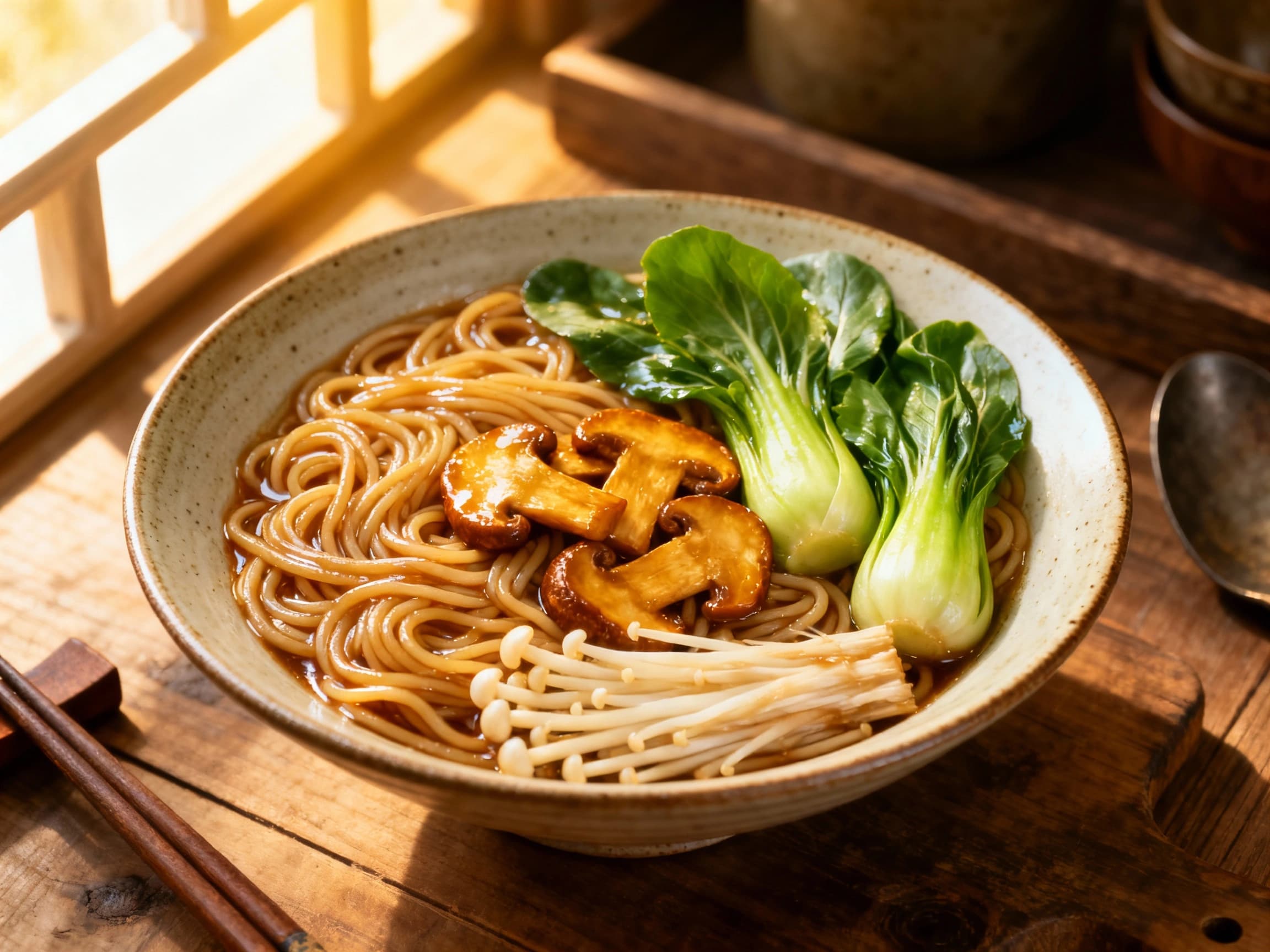 Vegetarian Braised E-fu Noodles with Bok Choy and Enoki
