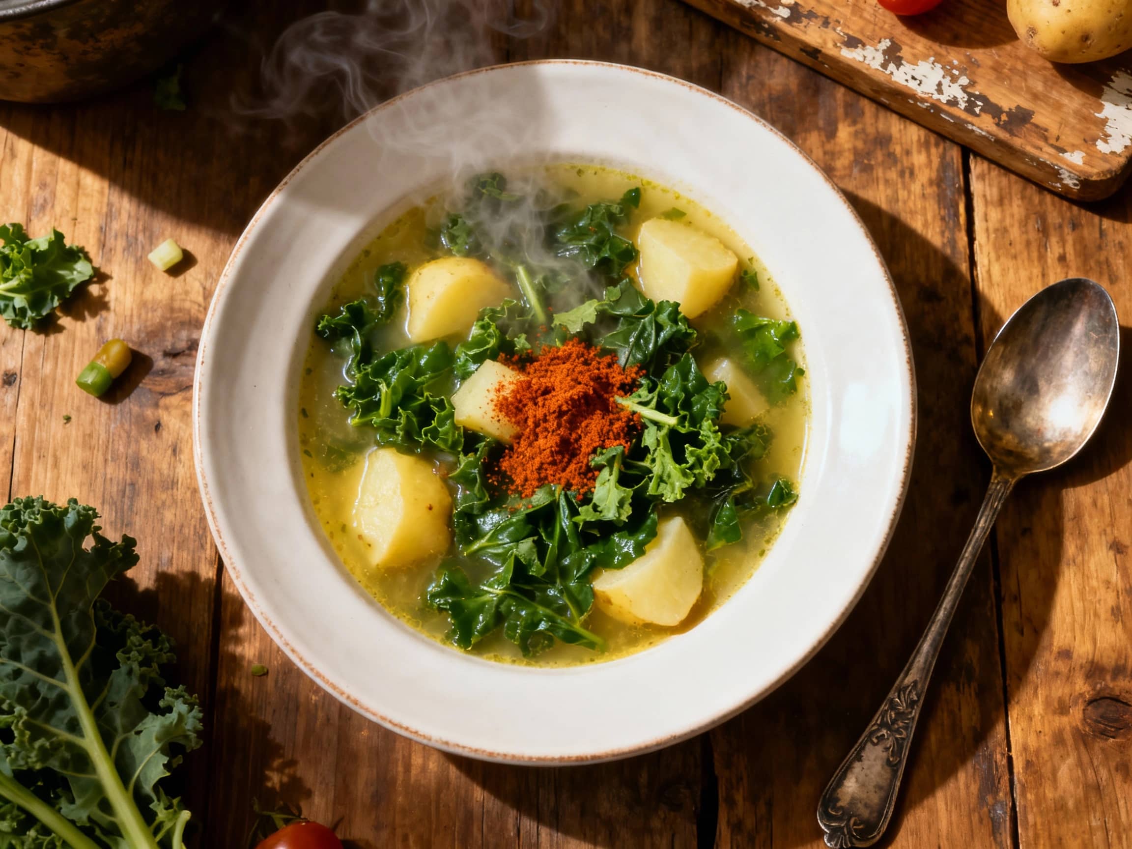 A hearty bowl of vibrant green Caldo Verde, brimming with tender kale and potato, is garnished with a swirl of olive oil and a sprinkle of smoked paprika for a comforting, rustic feel.