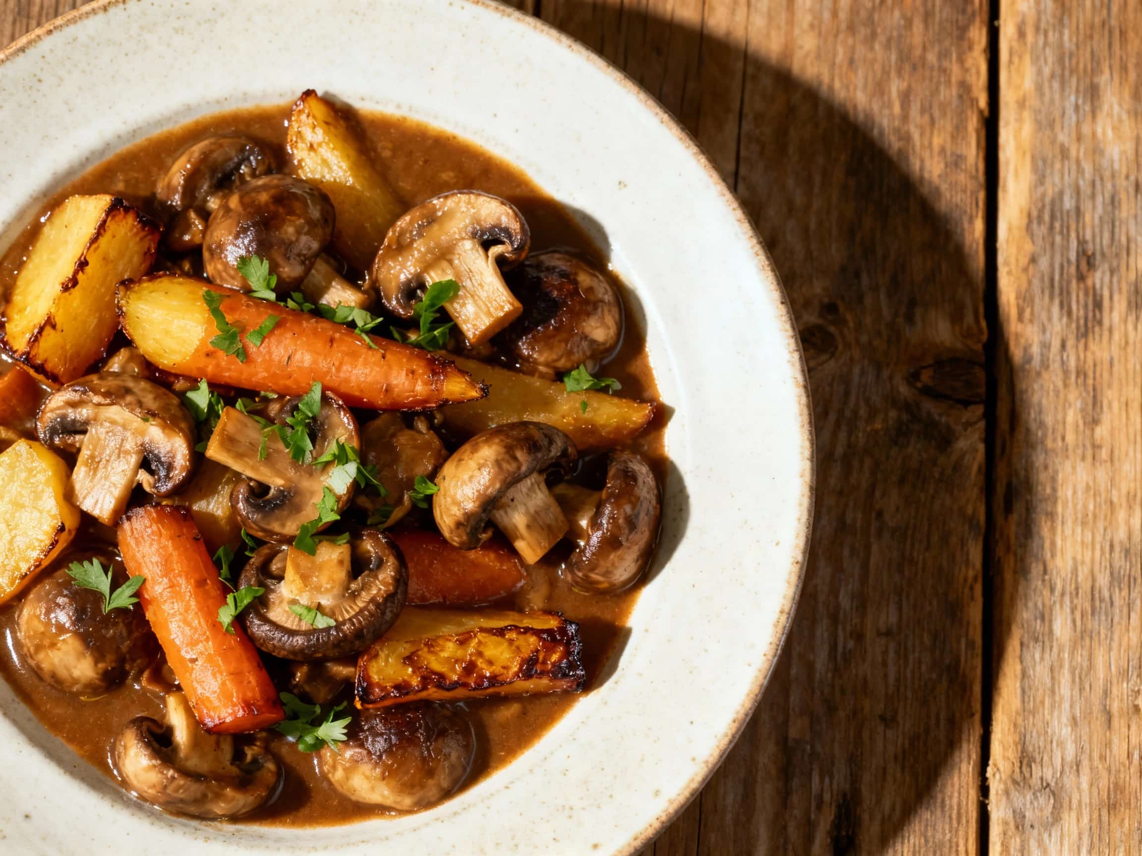 A rustic Dutch oven filled with rich, dark vegetarian carbonnade, featuring tender mushrooms and root vegetables simmered in a savory broth, ready for serving.