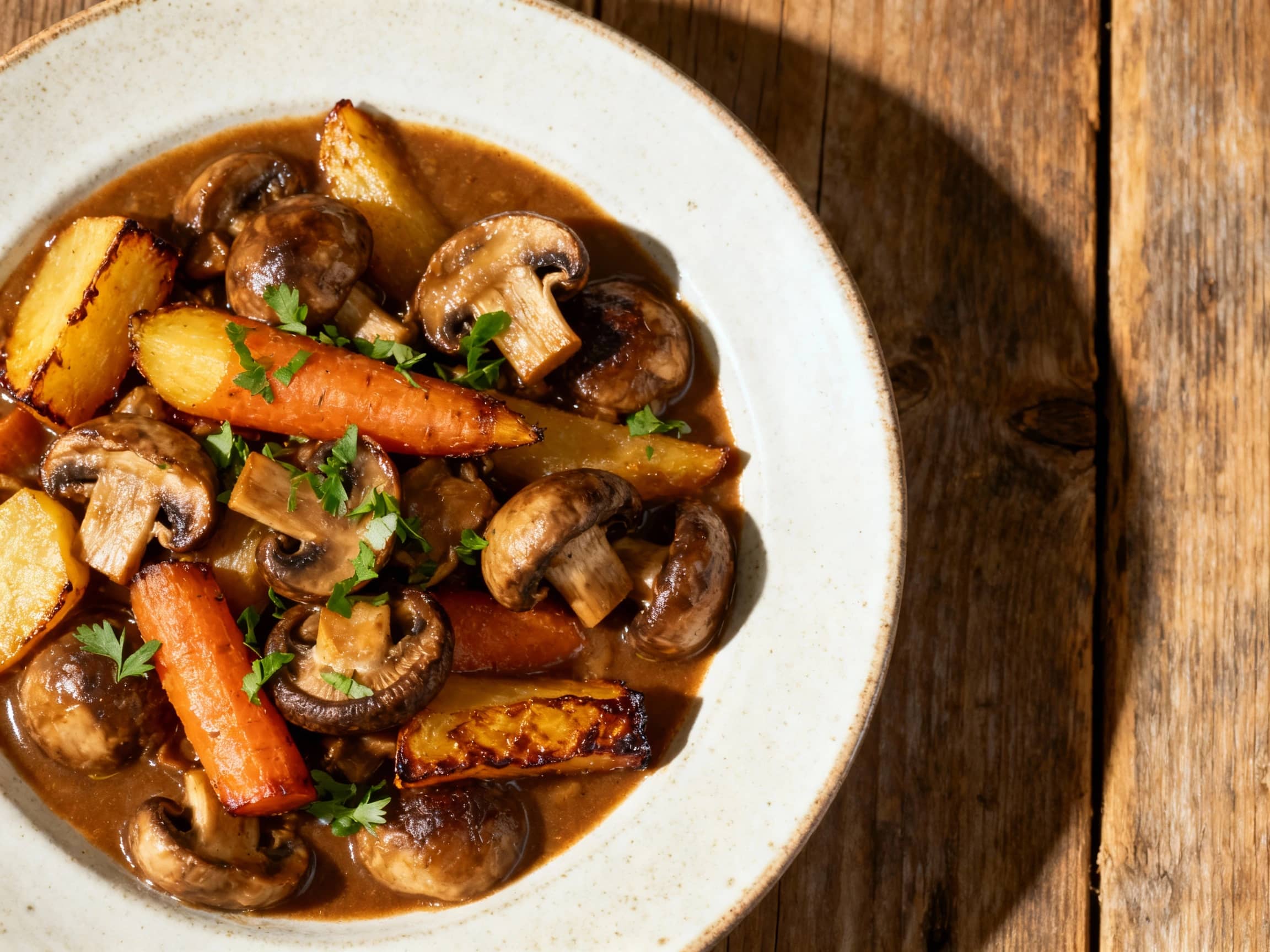 A rustic Dutch oven filled with rich, dark vegetarian carbonnade, featuring tender mushrooms and root vegetables simmered in a savory broth, ready for serving.
