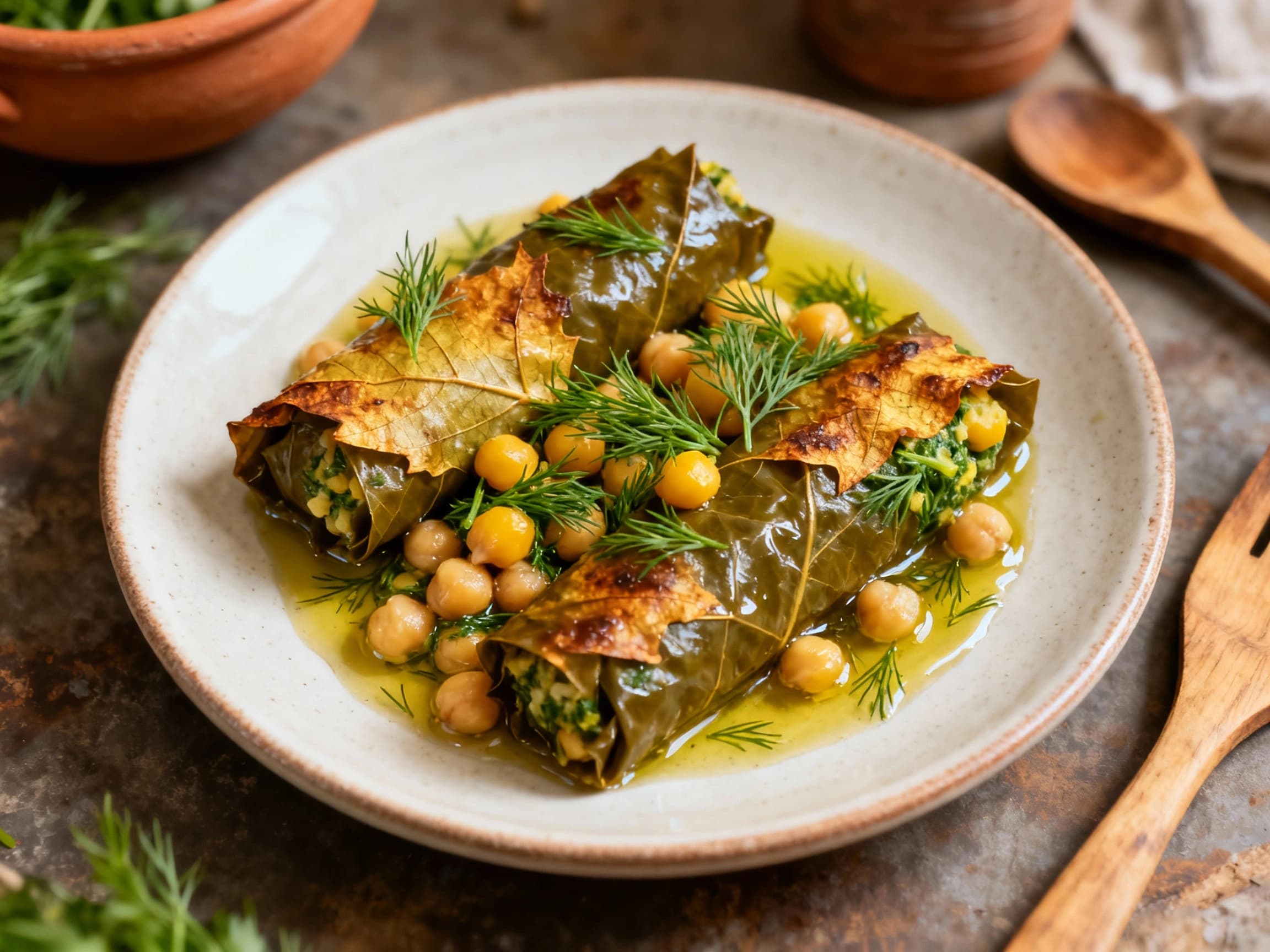 Vegetarian chickpea-dill dolmades