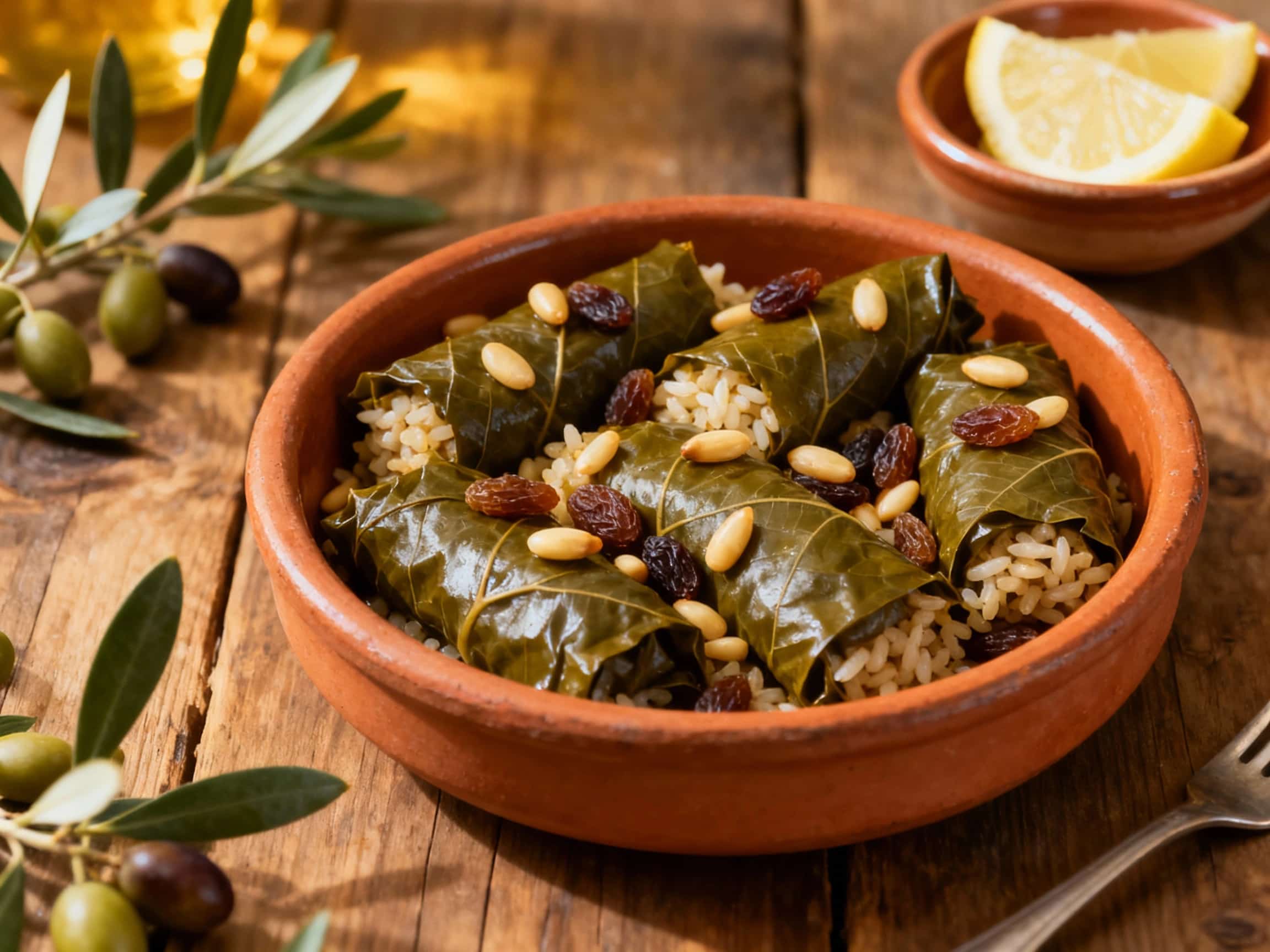 Plump, tender grape leaves cradle a savory rice filling studded with glistening pine nuts and sweet raisins, artfully arranged on a white platter, ready to be enjoyed.