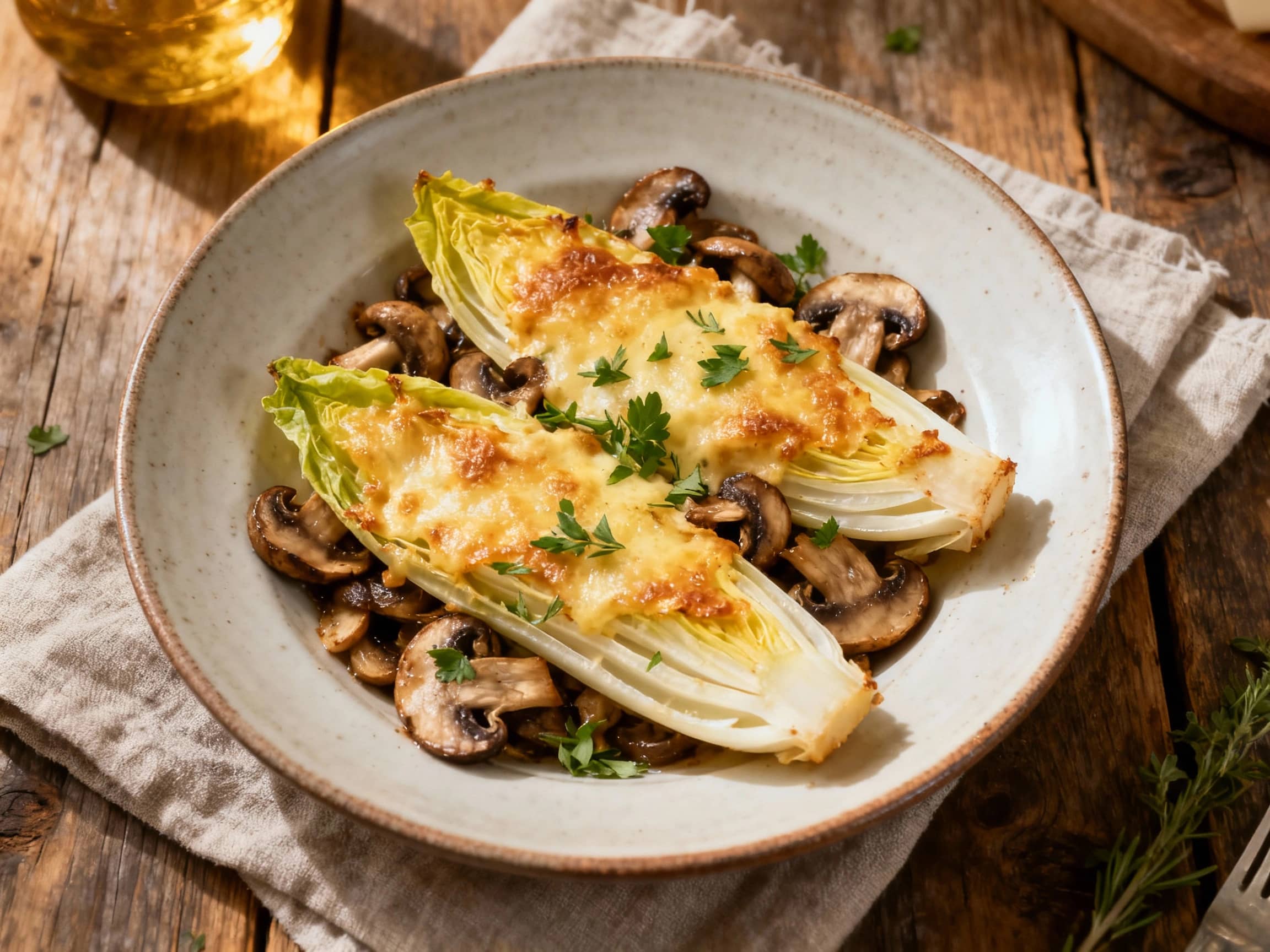 A golden-brown vegetarian bake of endive and mushrooms, topped with fresh herbs like parsley and thyme, sits invitingly in a rustic ceramic dish, ready to be served.