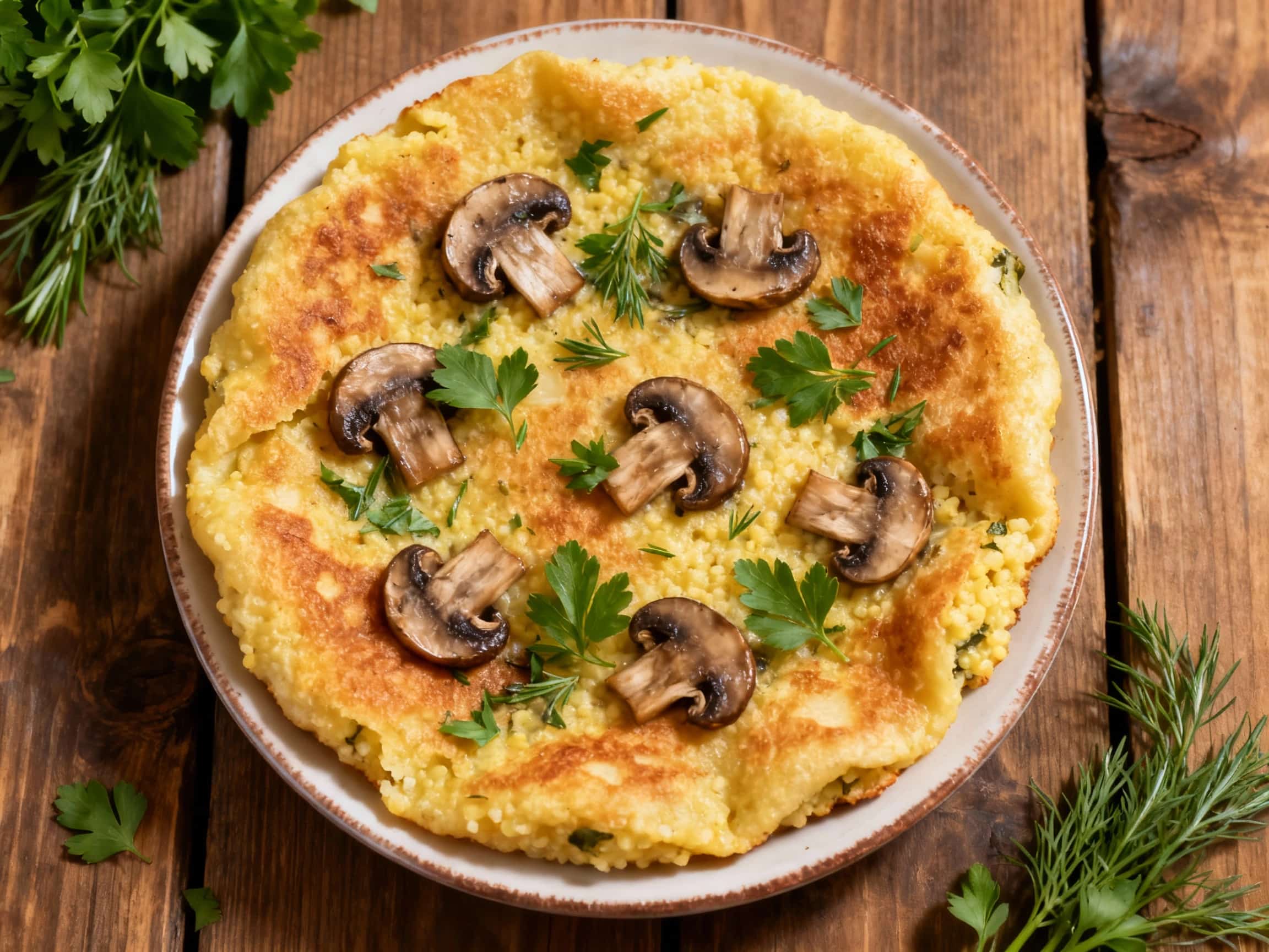 Golden-brown grechanyky, or buckwheat fritters, are pan-fried to a crisp and piled high with a savory mixture of sautéed mushrooms and fresh green herbs, glistening under warm kitchen lighting.