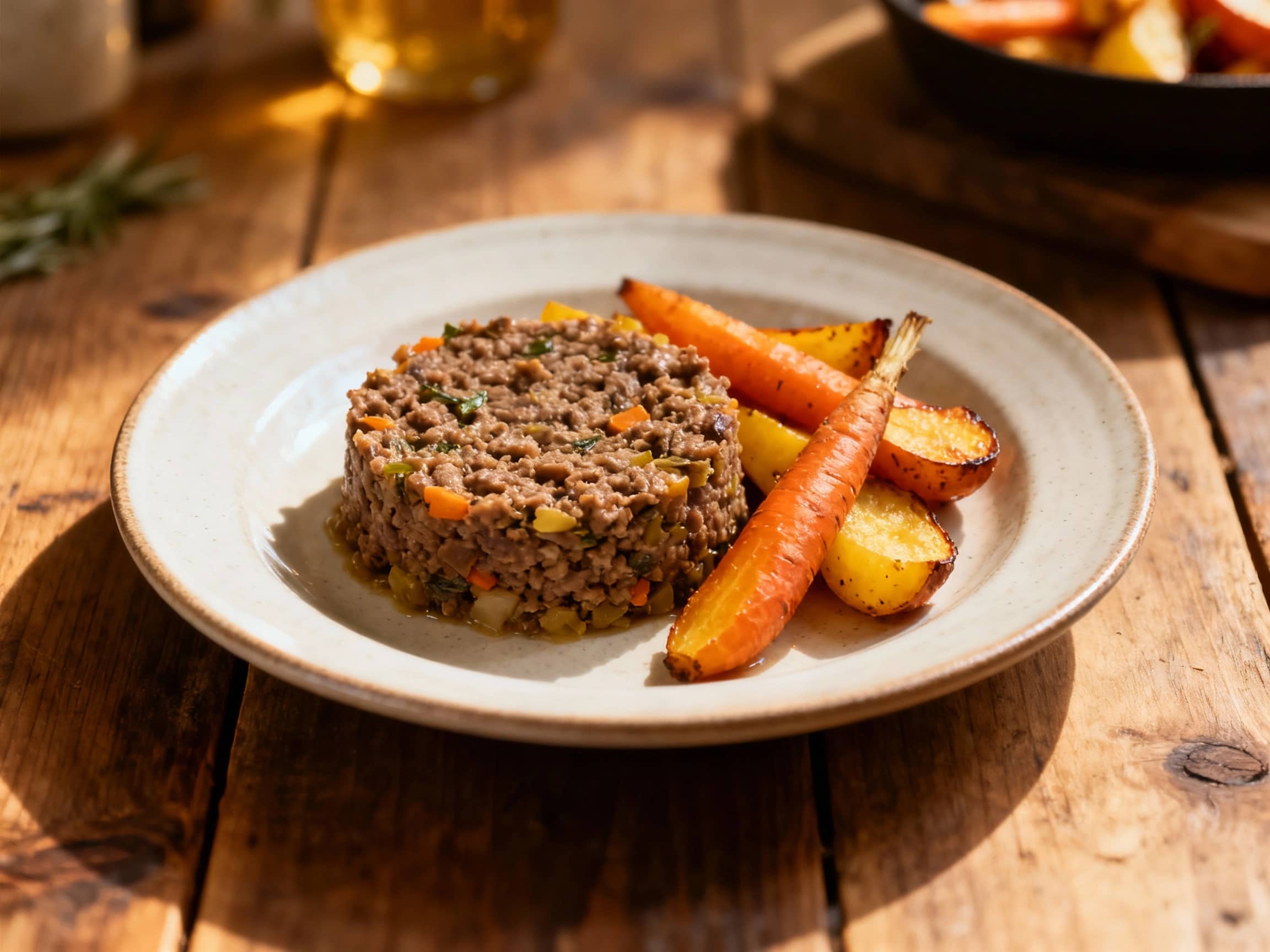 A generous mound of flavorful vegetarian haggis is served alongside a colorful medley of golden-brown roasted root vegetables, creating a hearty and rustic presentation.
