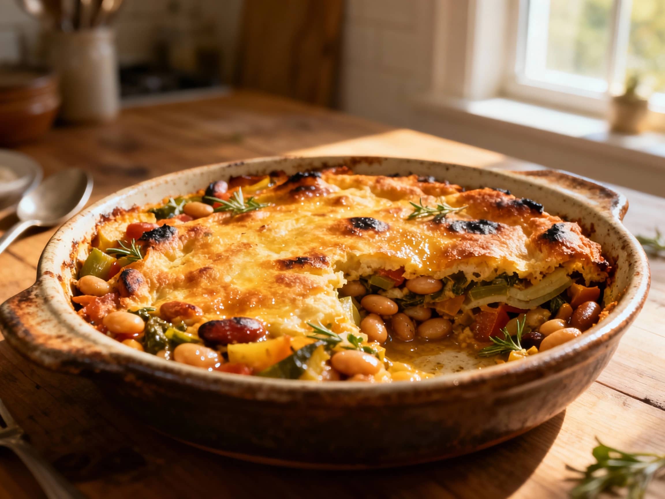 A rustic clay pot overflows with a hearty vegetarian cassoulet, its rich, brown surface bubbling and topped with fresh parsley and crusty breadcrumbs.