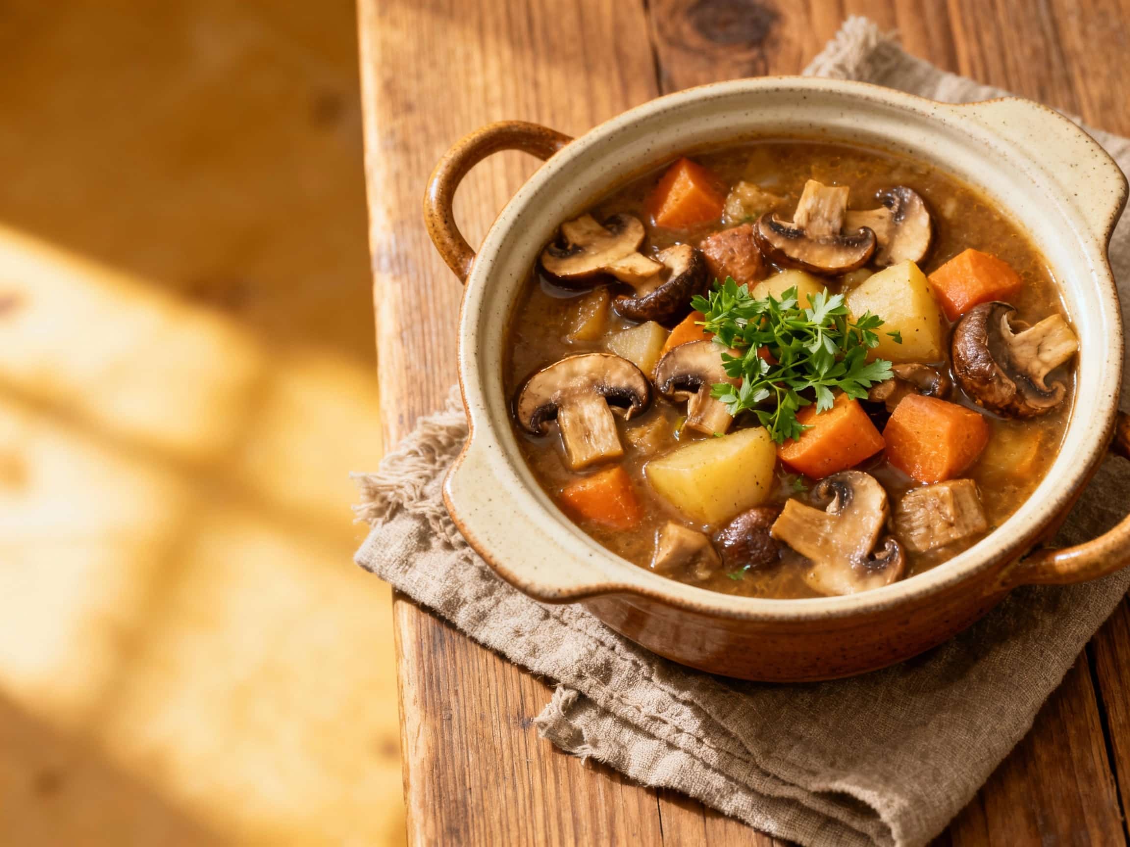 A rich, bubbling vegetarian stew filled with dark mushrooms and tender root vegetables simmers in a rustic cast iron pot, evoking a cozy, comforting meal.