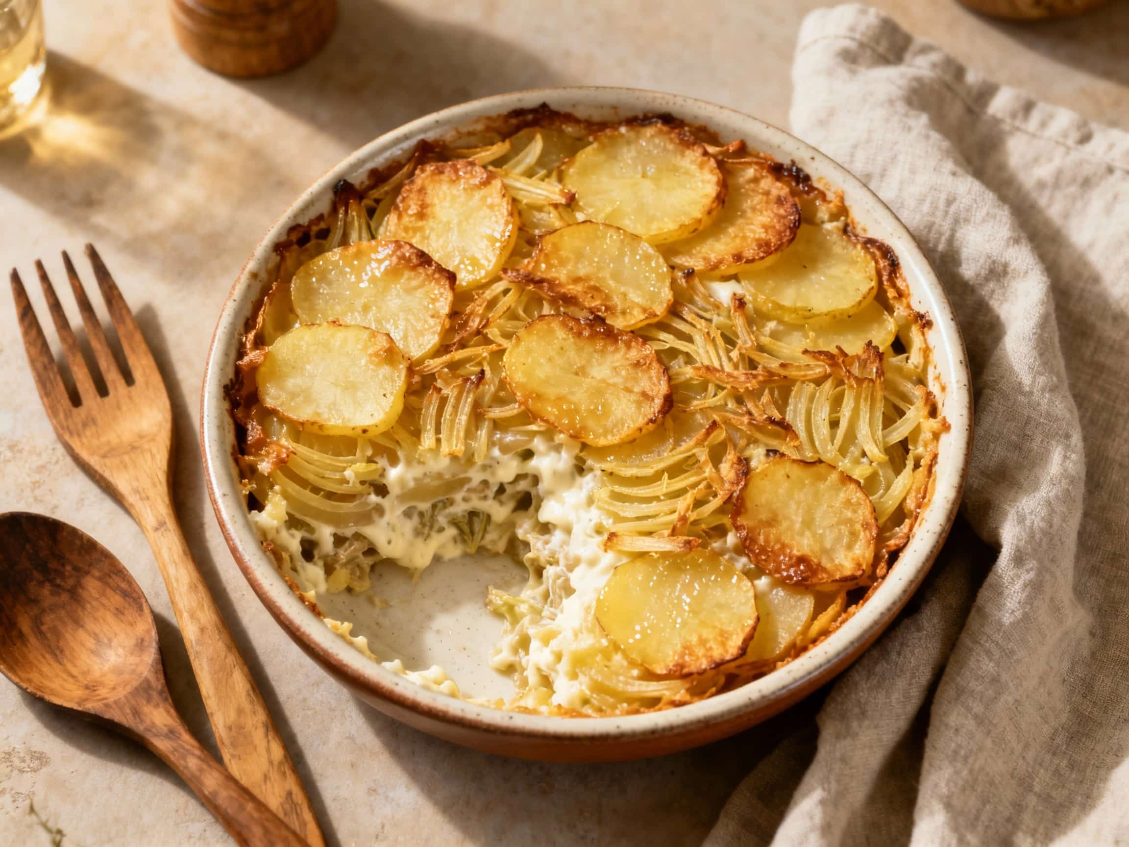 A creamy, golden-baked vegetarian Jansson casserole in a rustic ceramic dish, topped with crispy fried potatoes and savory herbs for a comforting, inviting presentation.