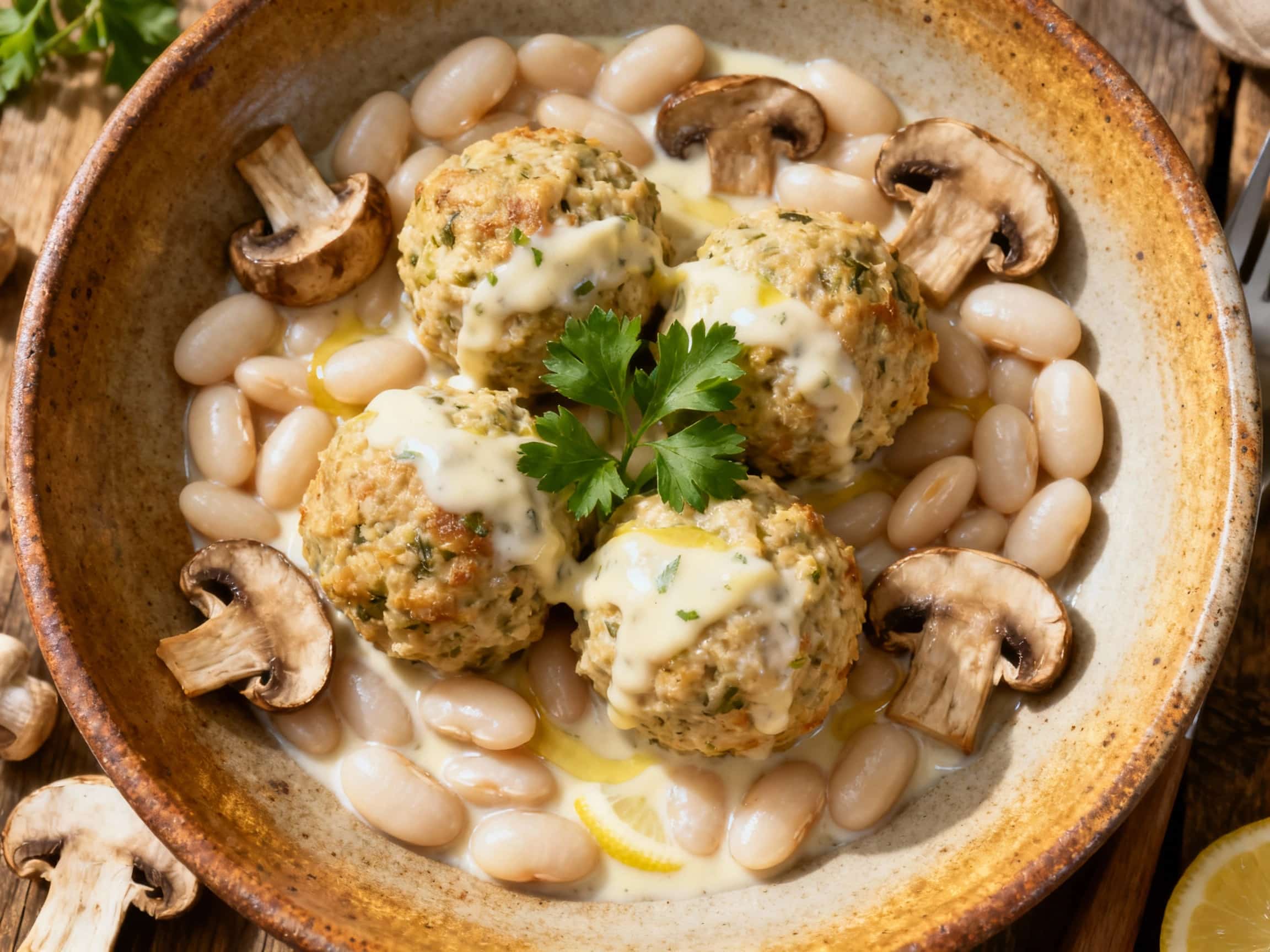 Plump vegetarian Königsberger Klopse, made from white beans and mushrooms, rest in a creamy caper sauce topped with fresh parsley sprigs, presented invitingly in a rustic bowl.