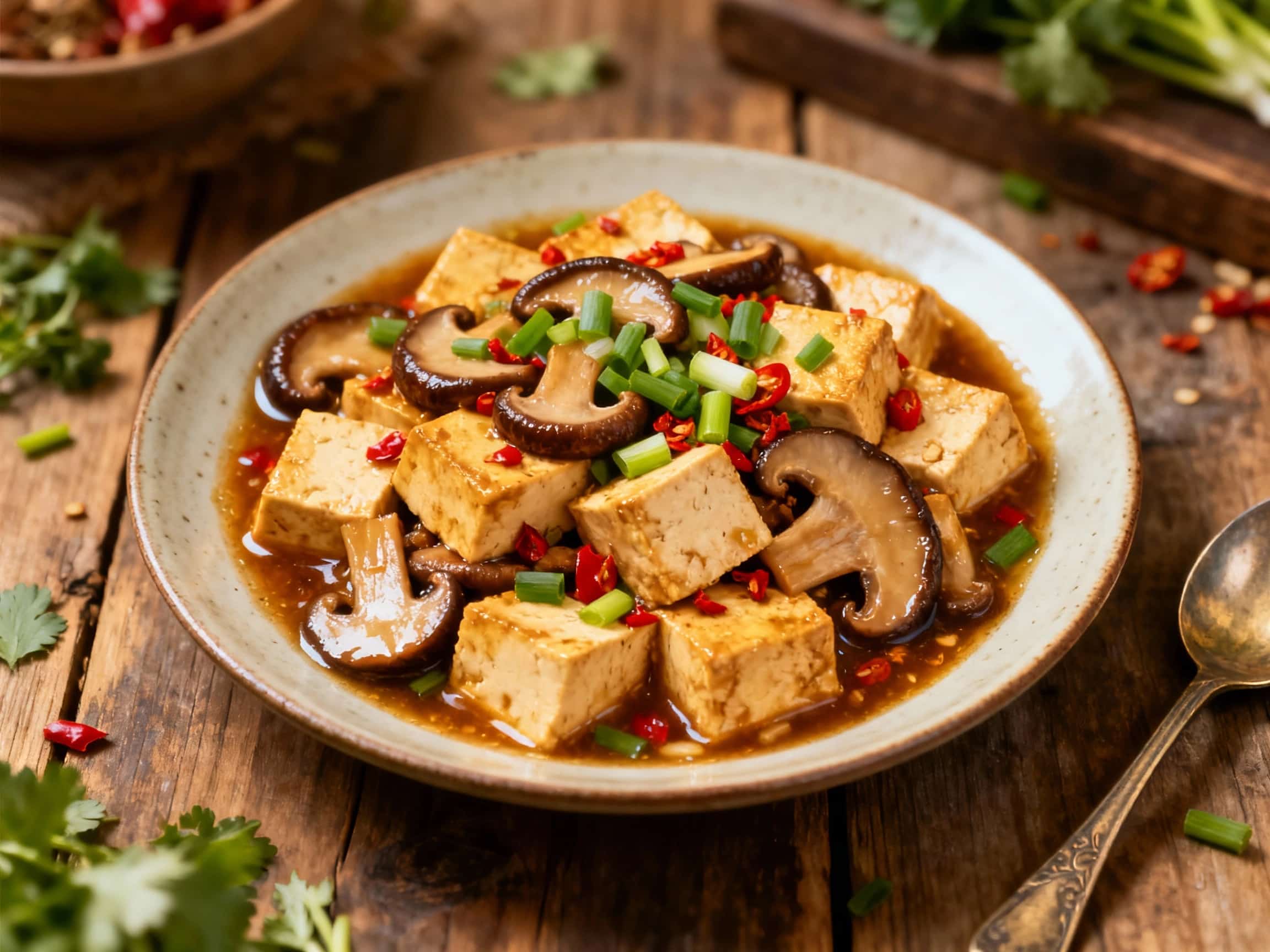 A steaming, vibrant bowl of vegetarian mapo tofu is generously topped with sautéed shiitake mushrooms and fresh scallions, ready to be enjoyed.