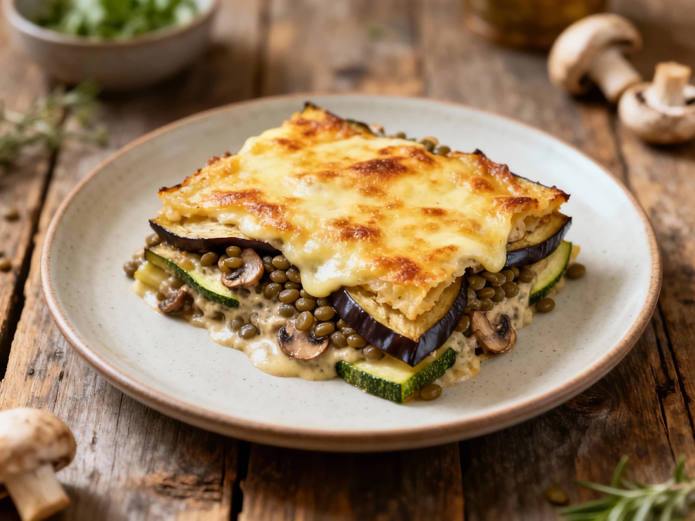 A comforting vegetarian moussaka, rich with lentils and mushrooms, is baked in a rustic dish and topped with a golden-brown béchamel sauce.