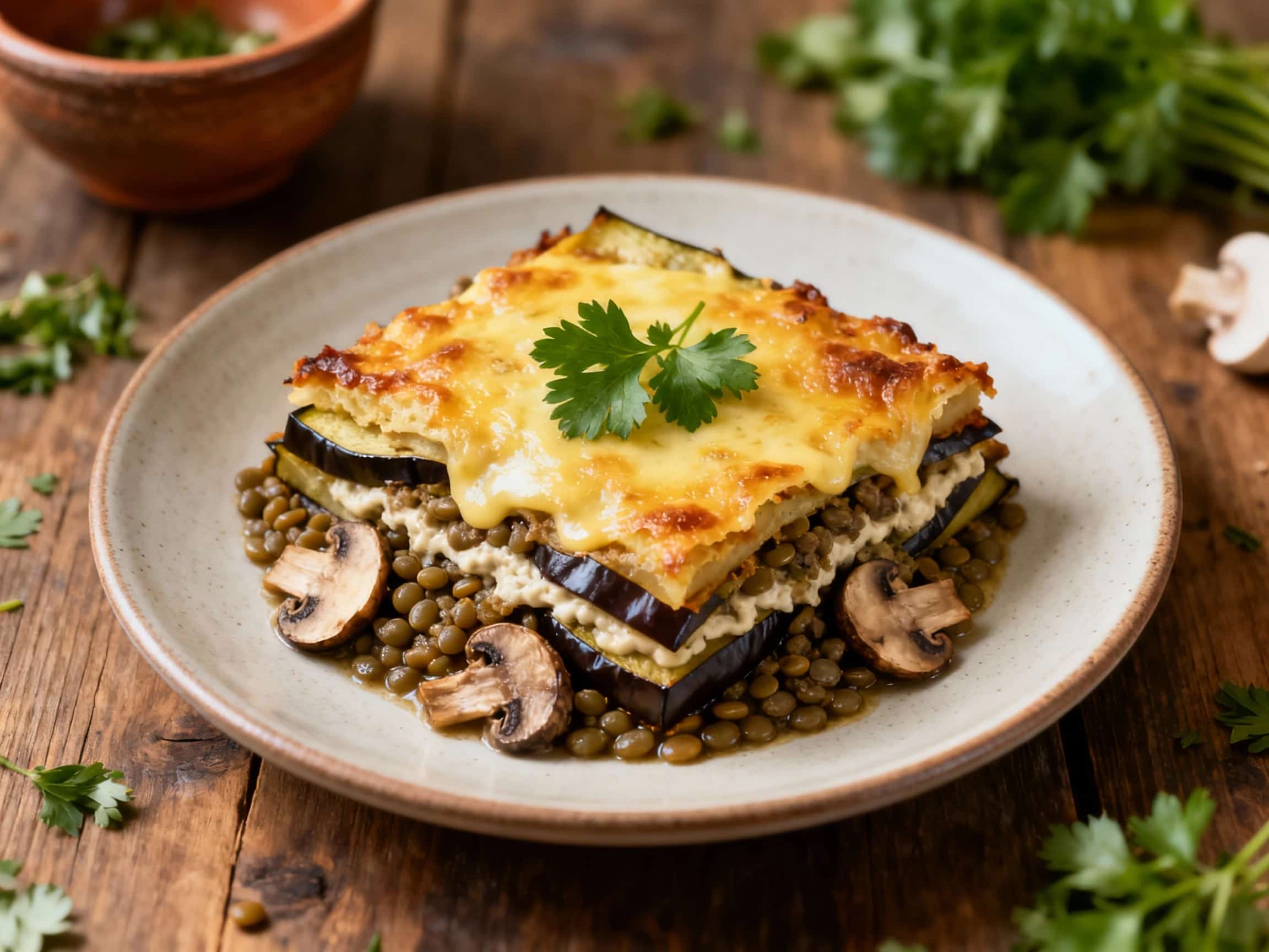 A generous portion of hearty vegetarian moussaka, rich with mushrooms and lentils, is topped with a creamy béchamel sauce and baked to a golden brown, promising a comforting and satisfying meal.