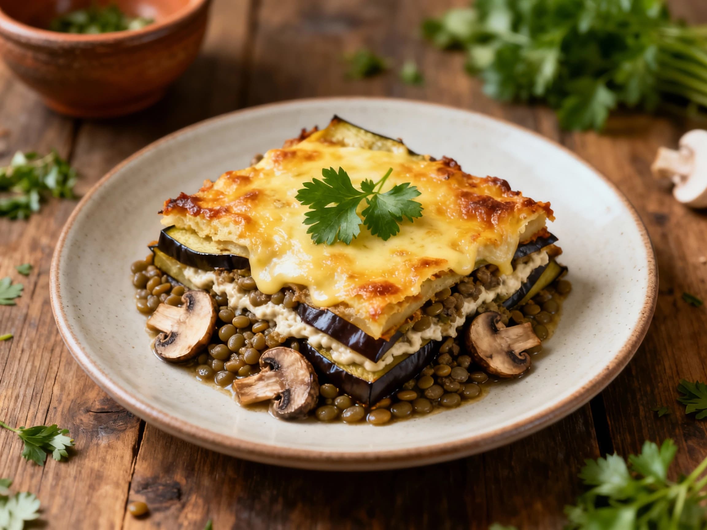 Vegetarian Moussaka with Mushrooms and Lentils