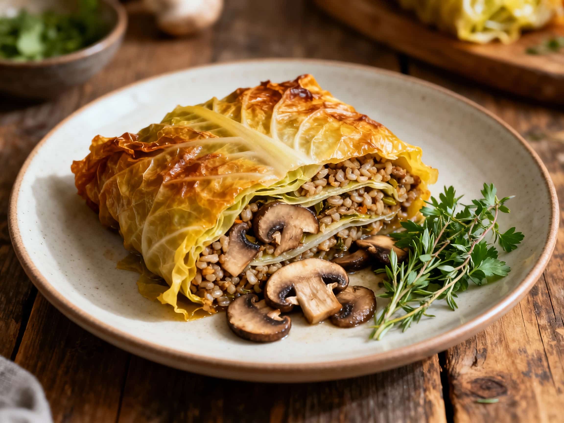 Close-up view of traditional Polish vegetarian gołąbki, or stuffed cabbage rolls, presented in a rustic pot. The tender cabbage leaves embrace a savory filling of mushrooms and buckwheat, all bathed in a rich, creamy dill sauce. Fresh dill sprigs add a vibrant green garnish, highlighting the comforting and homestyle nature of this Polish delicacy.