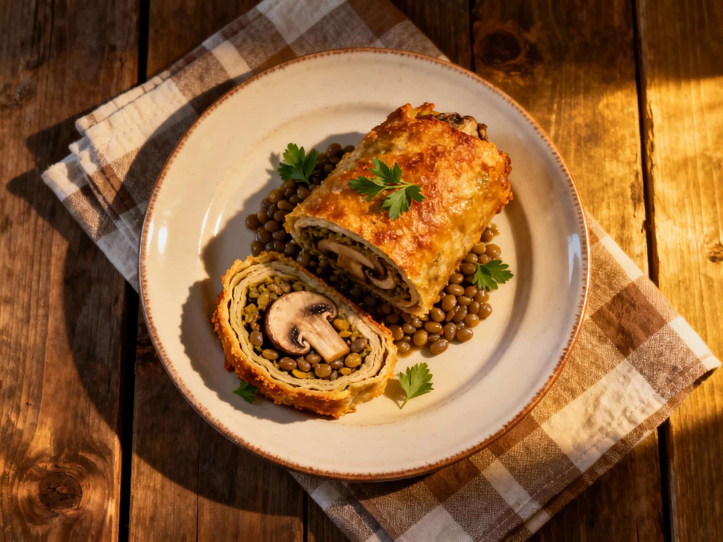 Golden brown rouladen, made with mushrooms and lentils, are sliced and fanned out on a rustic plate, nestled next to a rich gravy and garnished with fresh parsley.