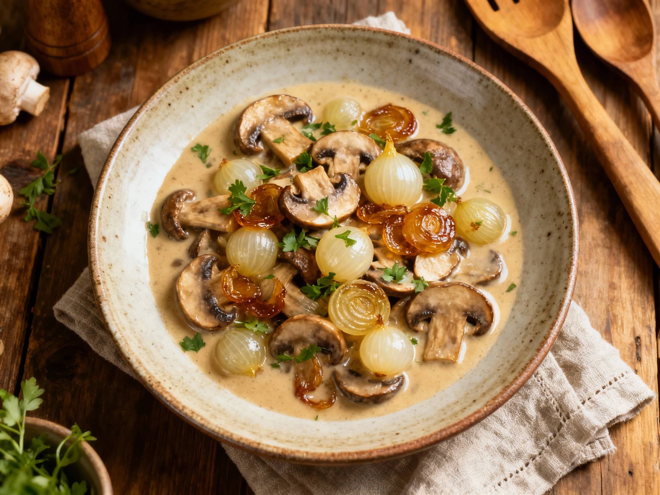 A comforting, creamy mushroom and pearl onion blanquette simmers in its sauce, garnished with fresh parsley and served in a rustic ceramic pot.