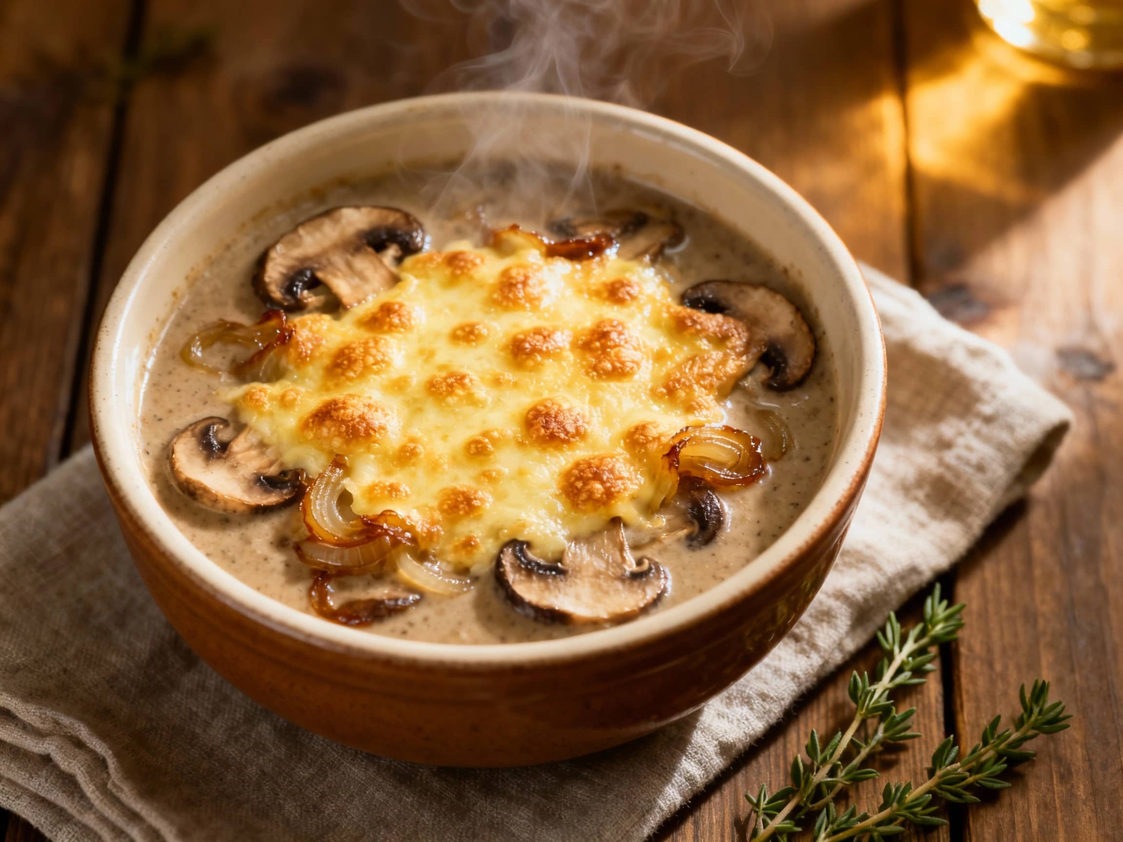 A comforting bowl of vegetarian French onion soup, topped with a golden-brown crust of melted cheese and a crouton.