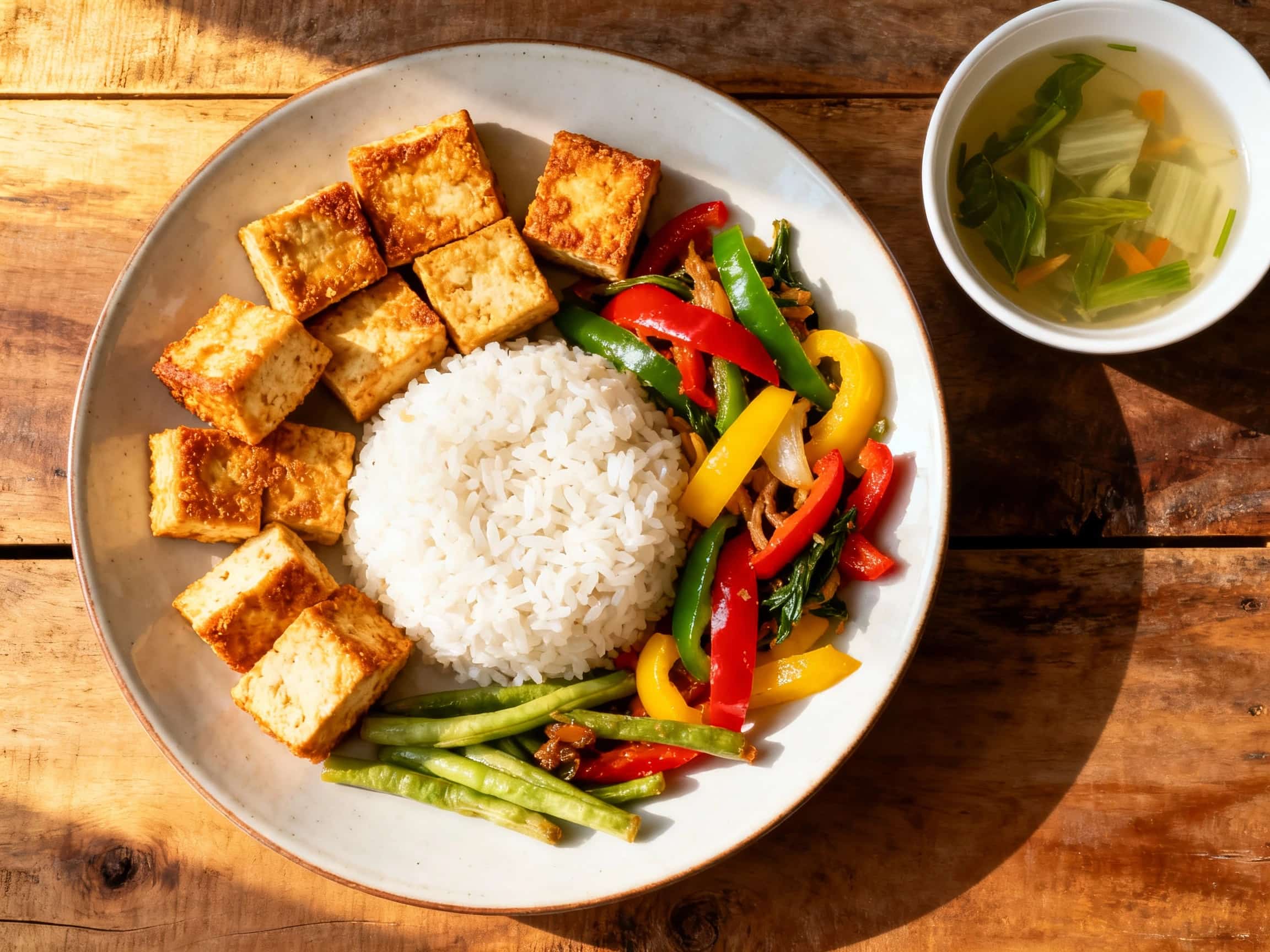 A colorful and abundant plate of Vegetarian Nasi Campur from Indonesia. The dish includes fluffy white rice, crisp golden tofu cubes, a medley of brightly cooked vegetables in a yellow curry sauce, and wilted green leaves, all artfully arranged and topped with a creamy peanut sauce. The setting is a warm, inviting tabletop.