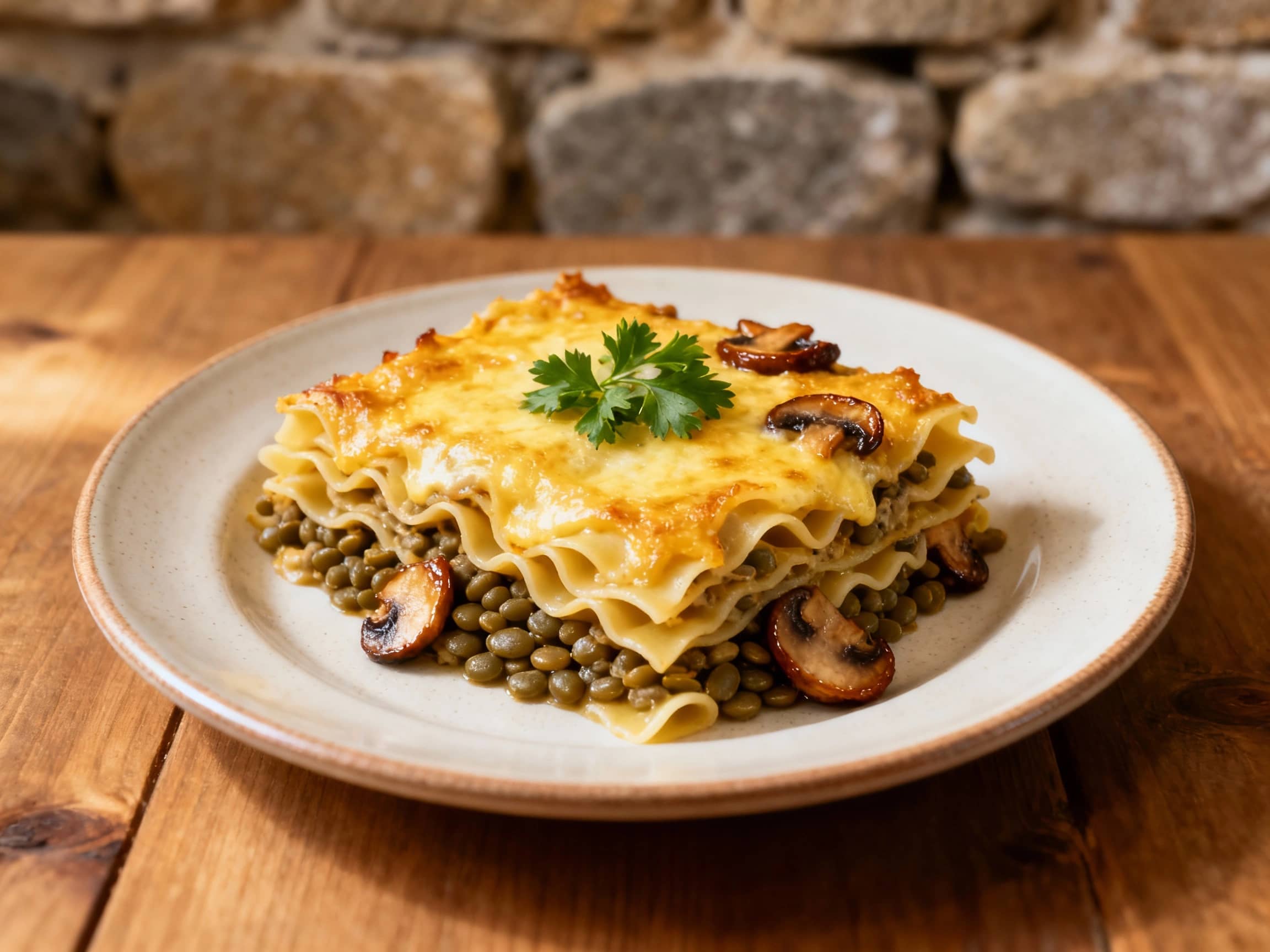 Golden-brown baked vegetarian pastitsio, layered with a rich lentil and mushroom filling and topped with creamy béchamel sauce, sits invitingly in its baking dish.