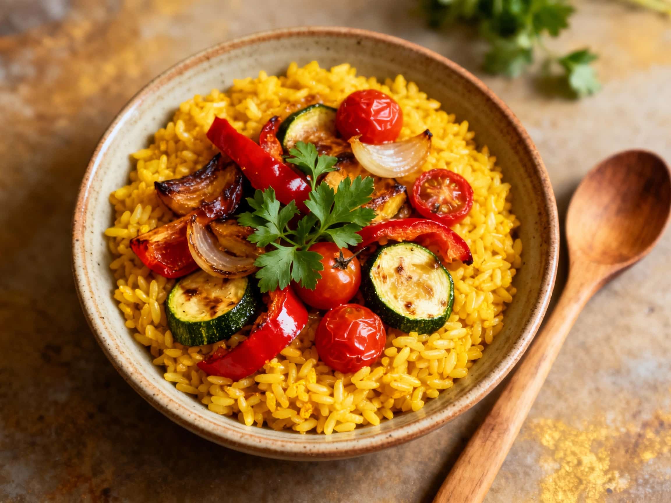 Creamy, golden saffron risotto is generously topped with colorful, tender roasted bell peppers, zucchini, and red onion, creating a vibrant and inviting vegetarian main course.