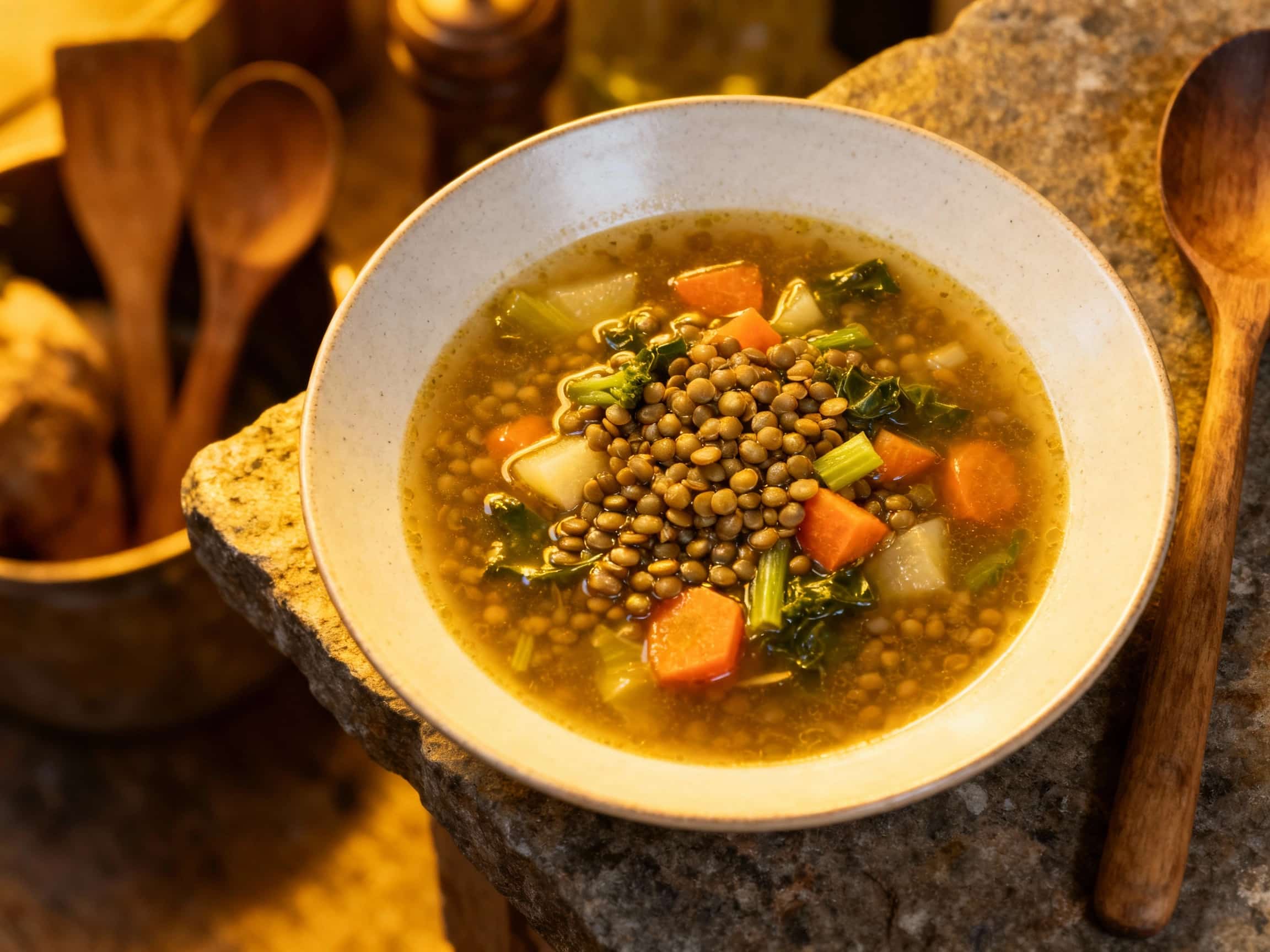 A hearty bowl of vegetarian Scotch broth brimming with tender lentils, root vegetables, and herbs, served steaming hot in a rustic earthenware dish, ready to comfort and nourish.