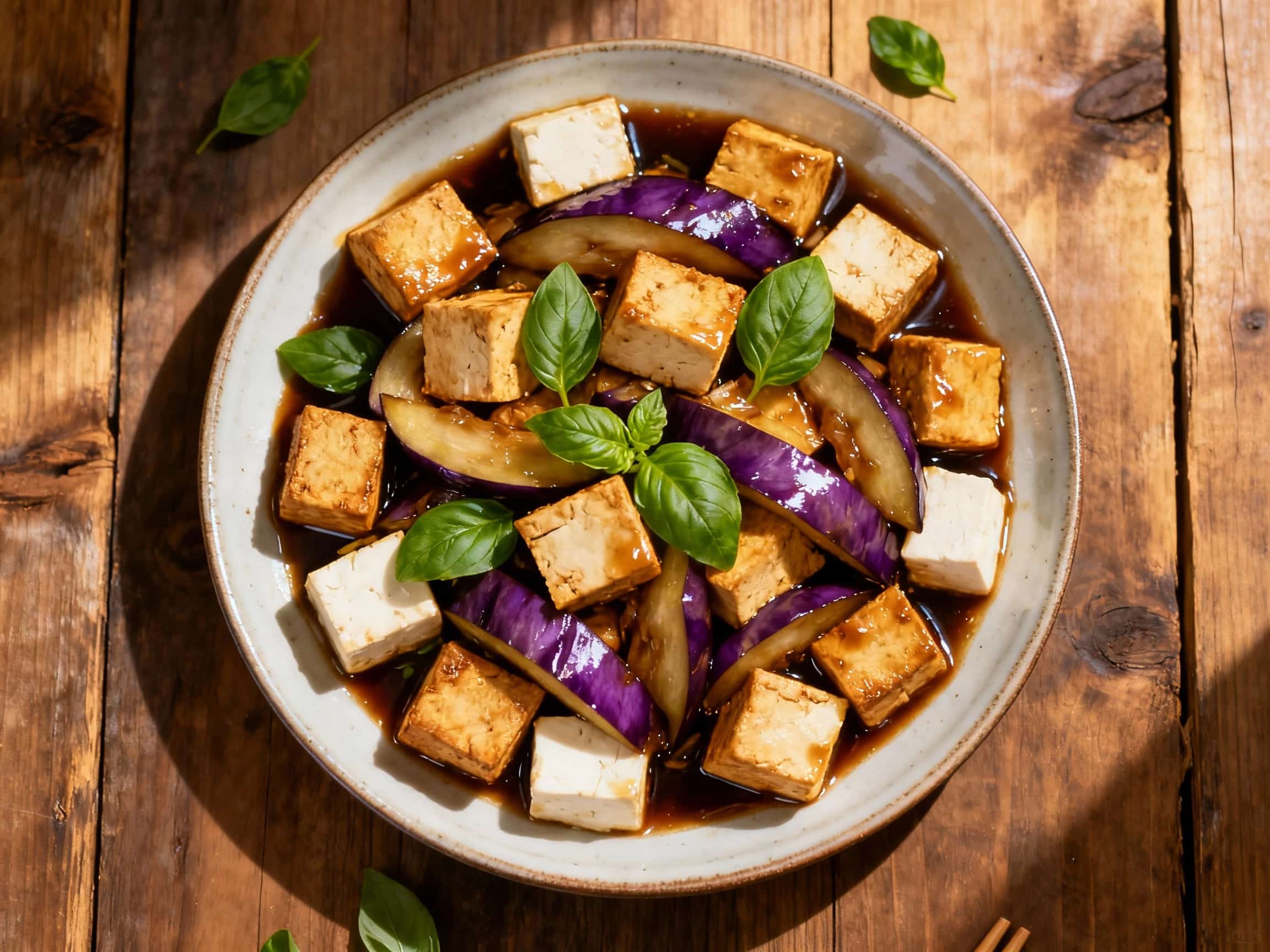 A vibrant stir-fry featuring golden-brown pan-fried tofu and tender eggplant bathed in a glossy, dark sauce, garnished with fresh green scallions and red chili slices.