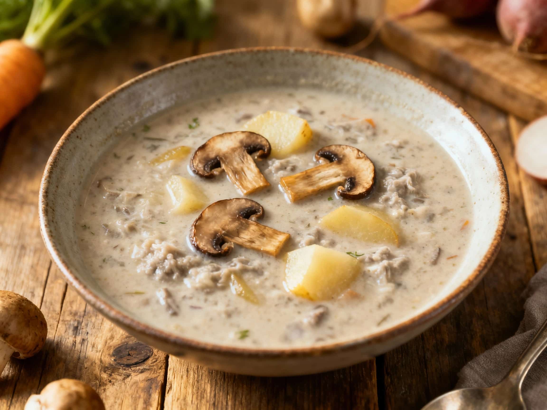 A hearty bowl of vegetarian żurek, a traditional Polish soup, showcasing its rich, creamy broth loaded with tender chunks of parsnips, carrots, celery root, and earthy mushrooms. The soup is topped with two perfectly halved hard-boiled eggs and a sprinkle of fresh green dill, evocative of a comforting home-cooked meal. The dish is set against a warm, wooden backdrop, inviting viewers to imagine it
