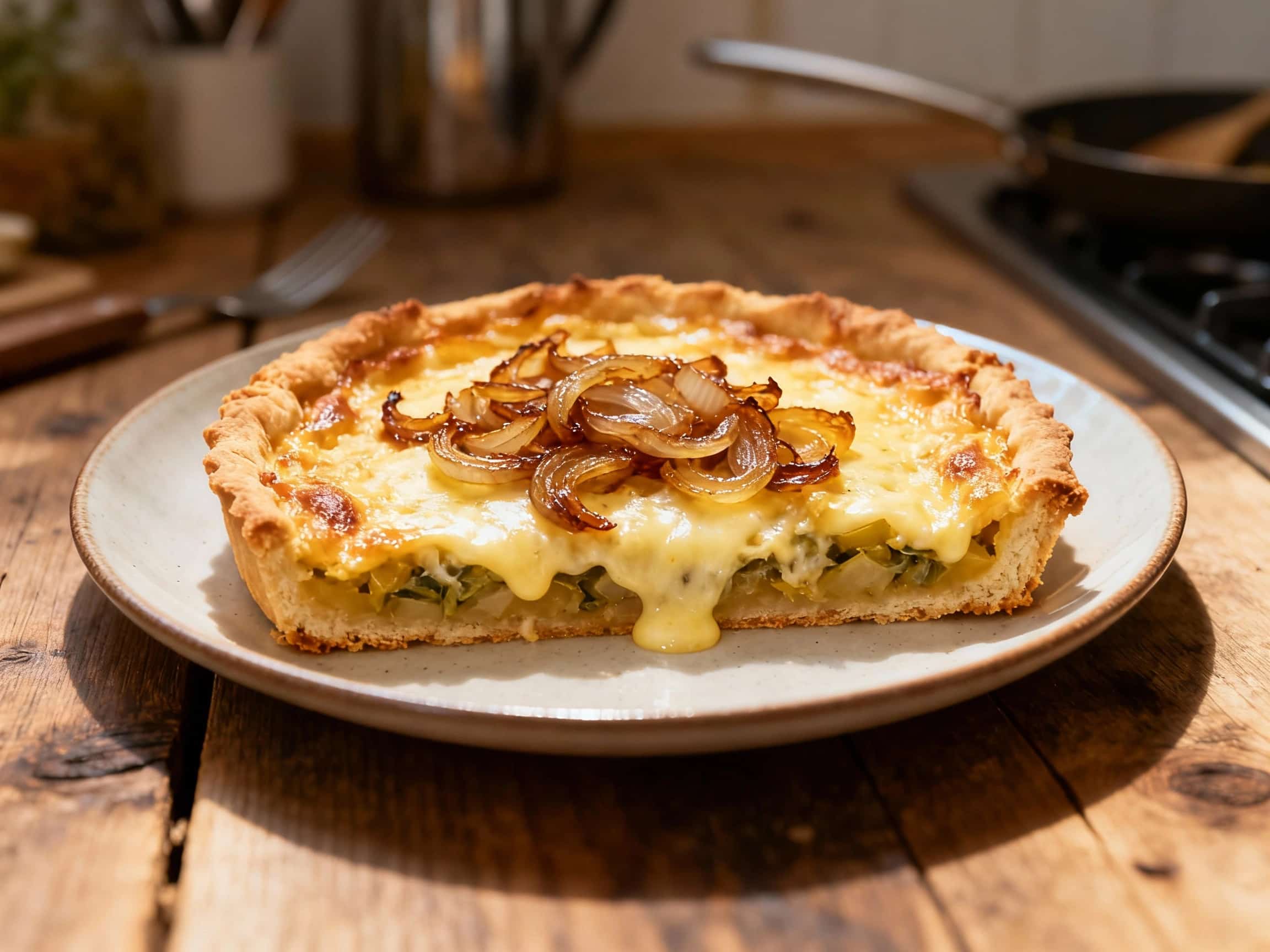 A golden-brown vegetarian Zwiebelkuchen, topped with melted Gruyère cheese and a scattering of fresh thyme, rests invitingly on a rustic wooden board.