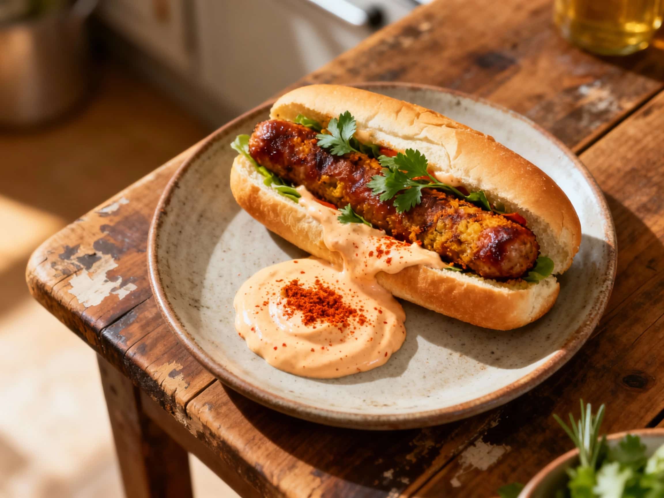 Grilled veggie sausages rest on a warm bun, topped with a generous swirl of smoky paprika aioli and fresh parsley, presented on a rustic wooden board.