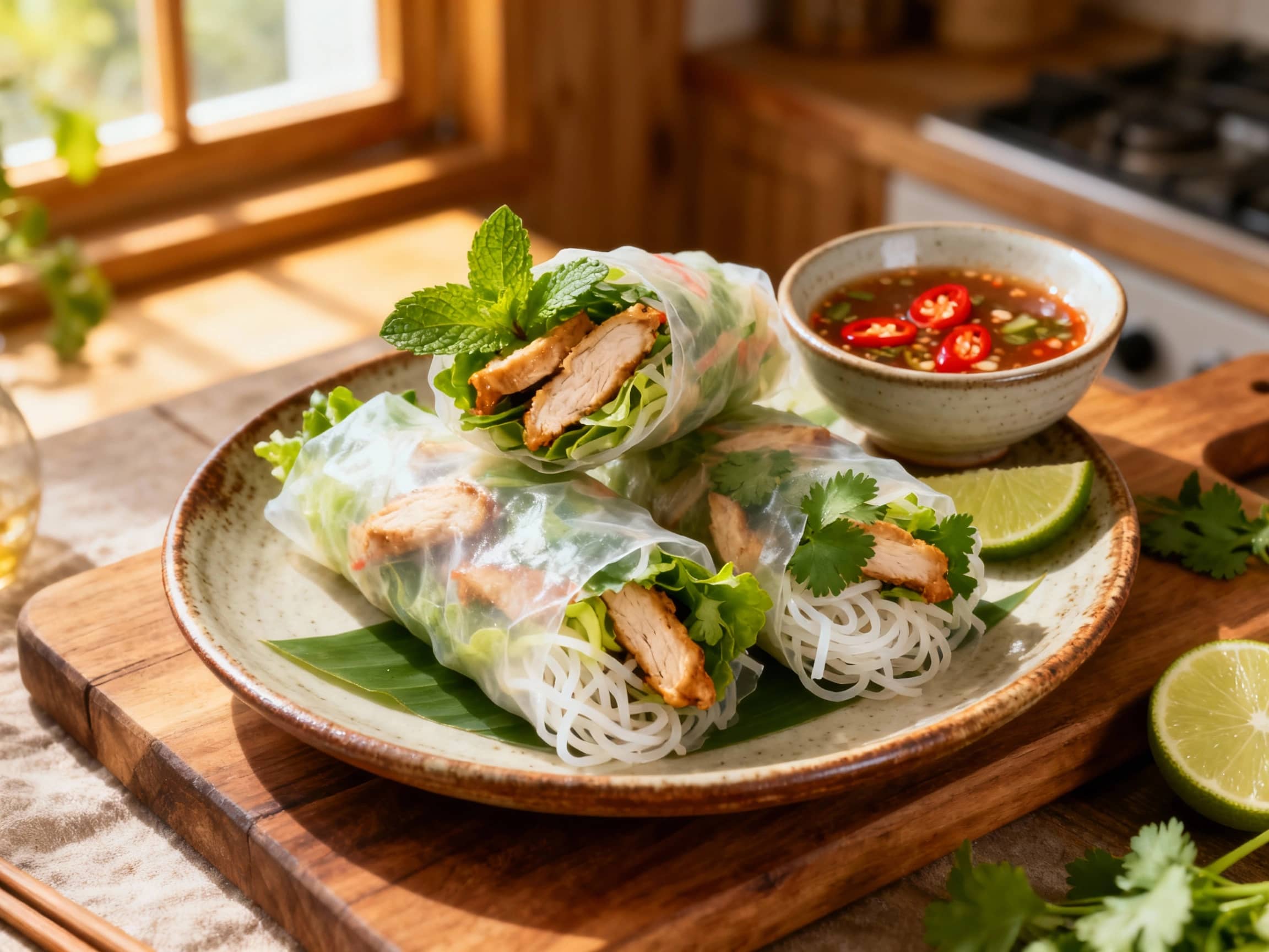 Fresh summer rolls filled with vibrant herbs and tender lemongrass chicken are artfully arranged on a white plate, ready for dipping in a savory sauce.