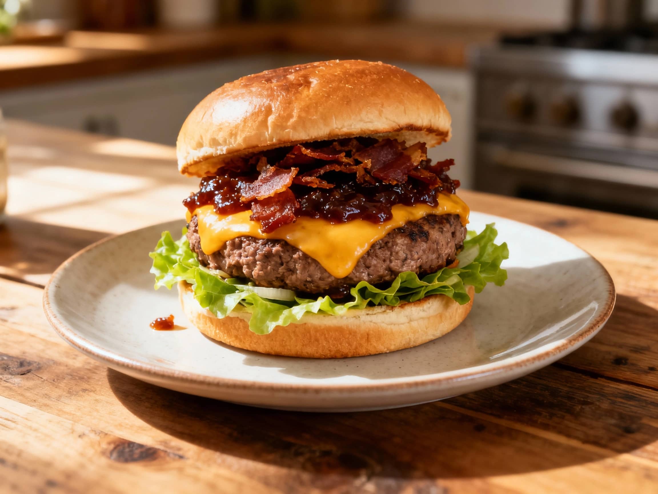 A mouthwatering Wagyu cheeseburger is perfectly grilled, stacked high with melted cheddar cheese, a generous dollop of glistening smoky bacon jam, and fresh lettuce, all nestled within a toasted brioche bun, ready to be devoured.