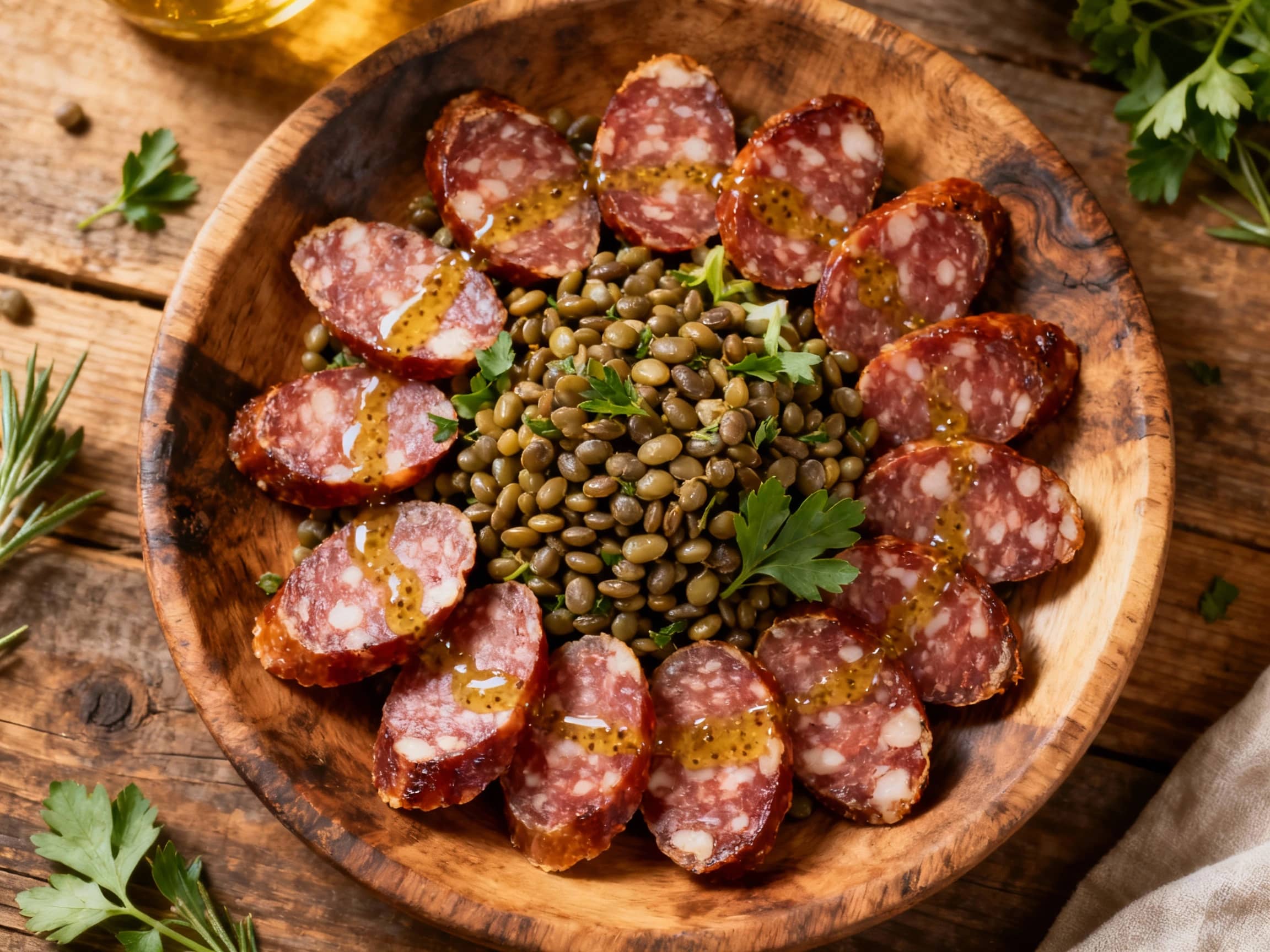 A rustic bowl of warm, earthy lentils is tossed with savory slices of French saucisson sausage, glistening under a bright Dijon vinaigrette.