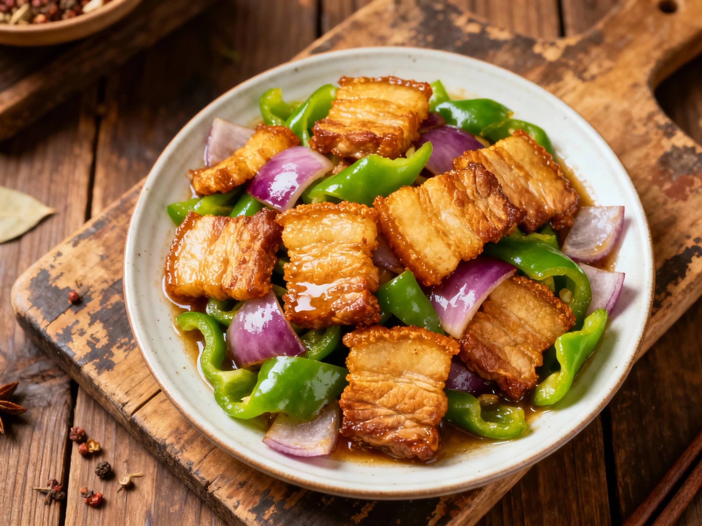 A vibrant and aromatic plate of Hui Guo Rou glistens under warm lighting, featuring tender slices of pork belly stir-fried with colorful bell peppers and leeks, served attractively in a dark bowl.