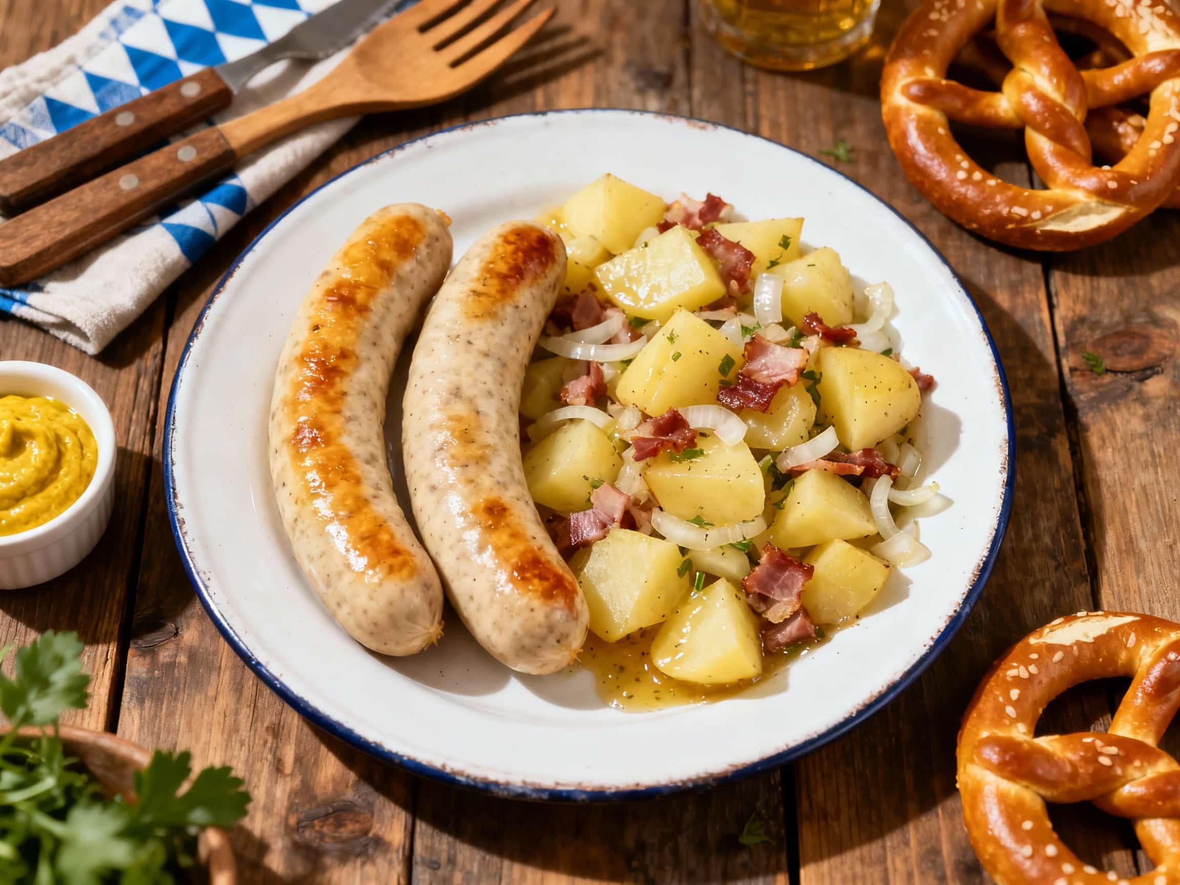 A traditional German breakfast features two tender Weißwurst sausages presented alongside a rustic bowl of warm, glistening Bavarian potato salad, garnished with fresh parsley and a sprinkle of chives.
