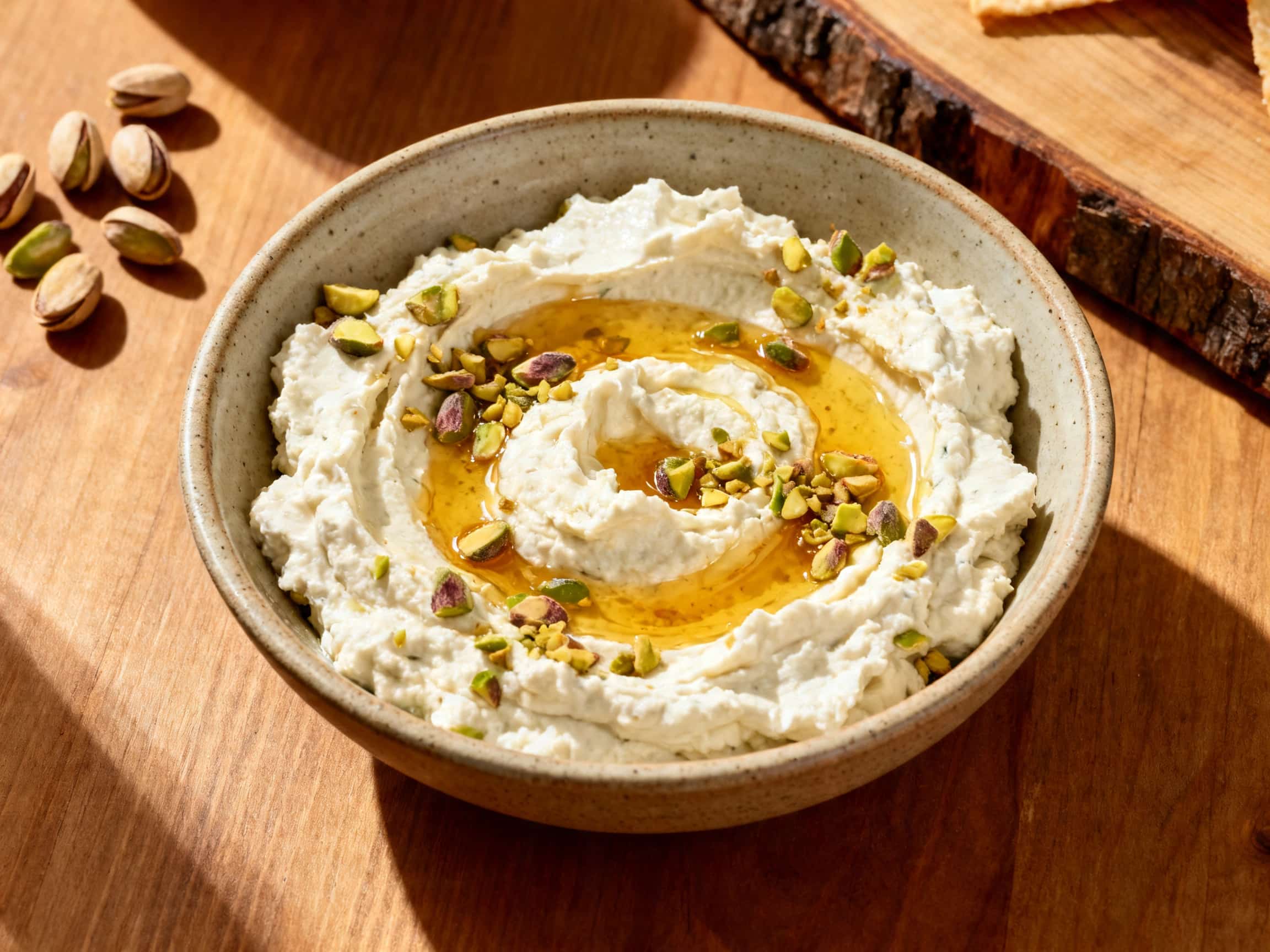 A beautiful whipped feta and honey dip, presented in a white ceramic bowl, is generously garnished with chopped pistachios and a golden honey drizzle. The creamy, off-white dip is artfully arranged on a light wooden serving board, alongside warm pita bread triangles, bright red cherry tomatoes, and fresh green cucumber slices, creating an inviting spread for a gathering.