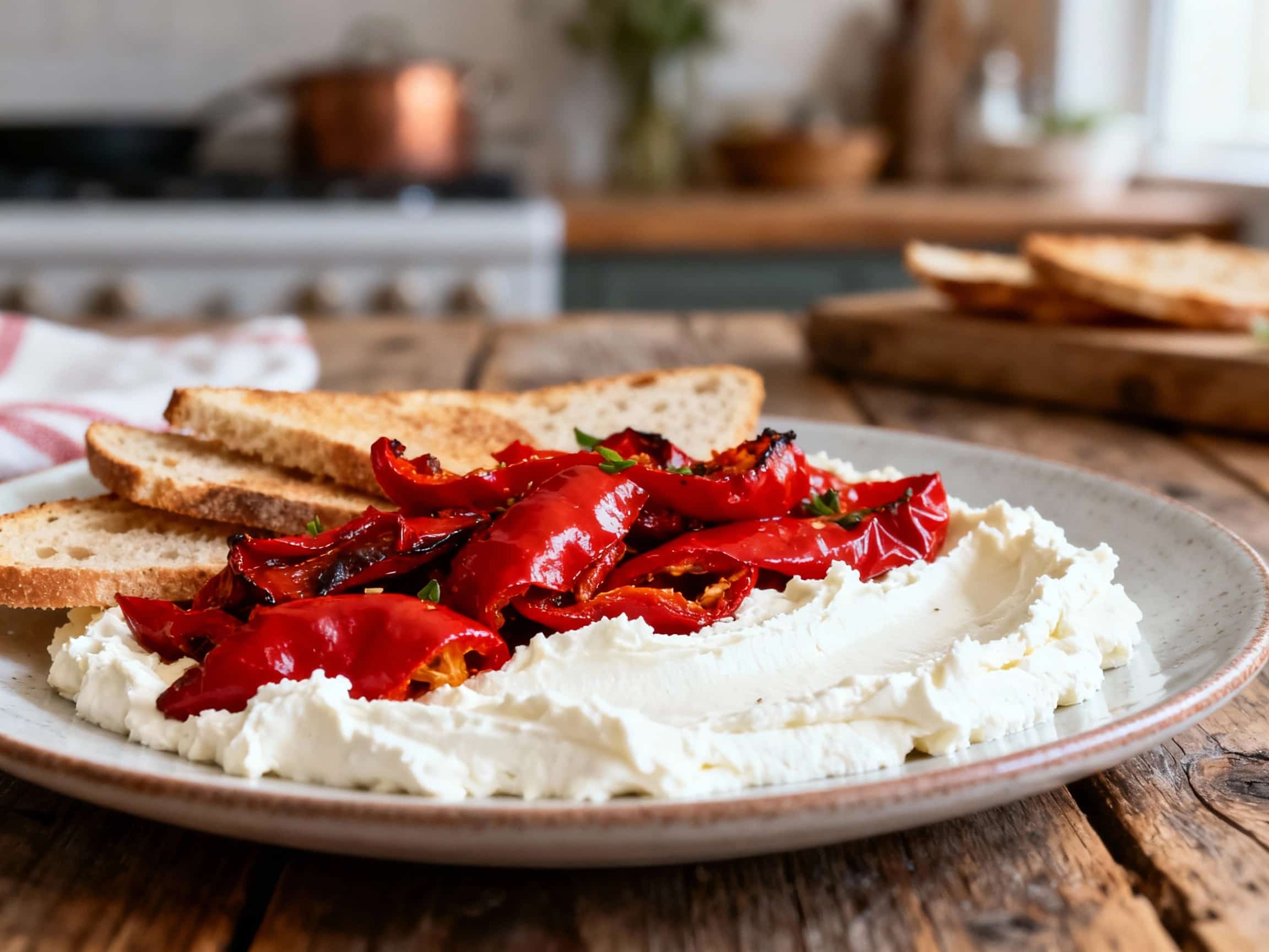 A creamy mound of whipped feta is swirled with vibrant roasted red pepper puree, drizzled with olive oil, and garnished with fresh herbs on a rustic platter, ready for dipping.