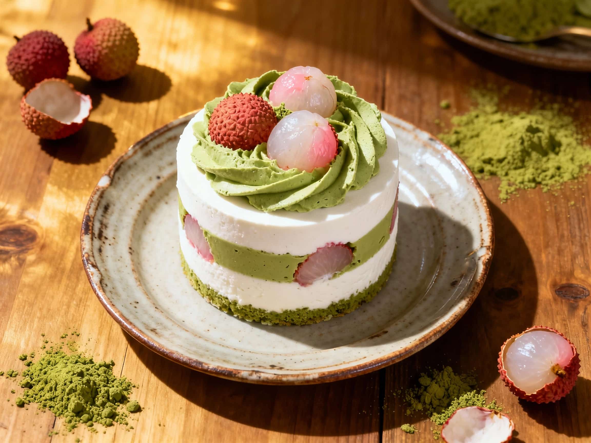 A stunning White Chocolate Matcha Parfait in a tall glass, showcasing distinct layers of pale green matcha mousse, creamy white chocolate, and glistening, chopped pink lychee segments. The top is garnished with a vibrant green matcha crumble, a whole lychee fruit, and a fresh mint sprig. The dessert is elegantly presented on a dark wooden surface, suggesting a refined, gourmet dining experience su
