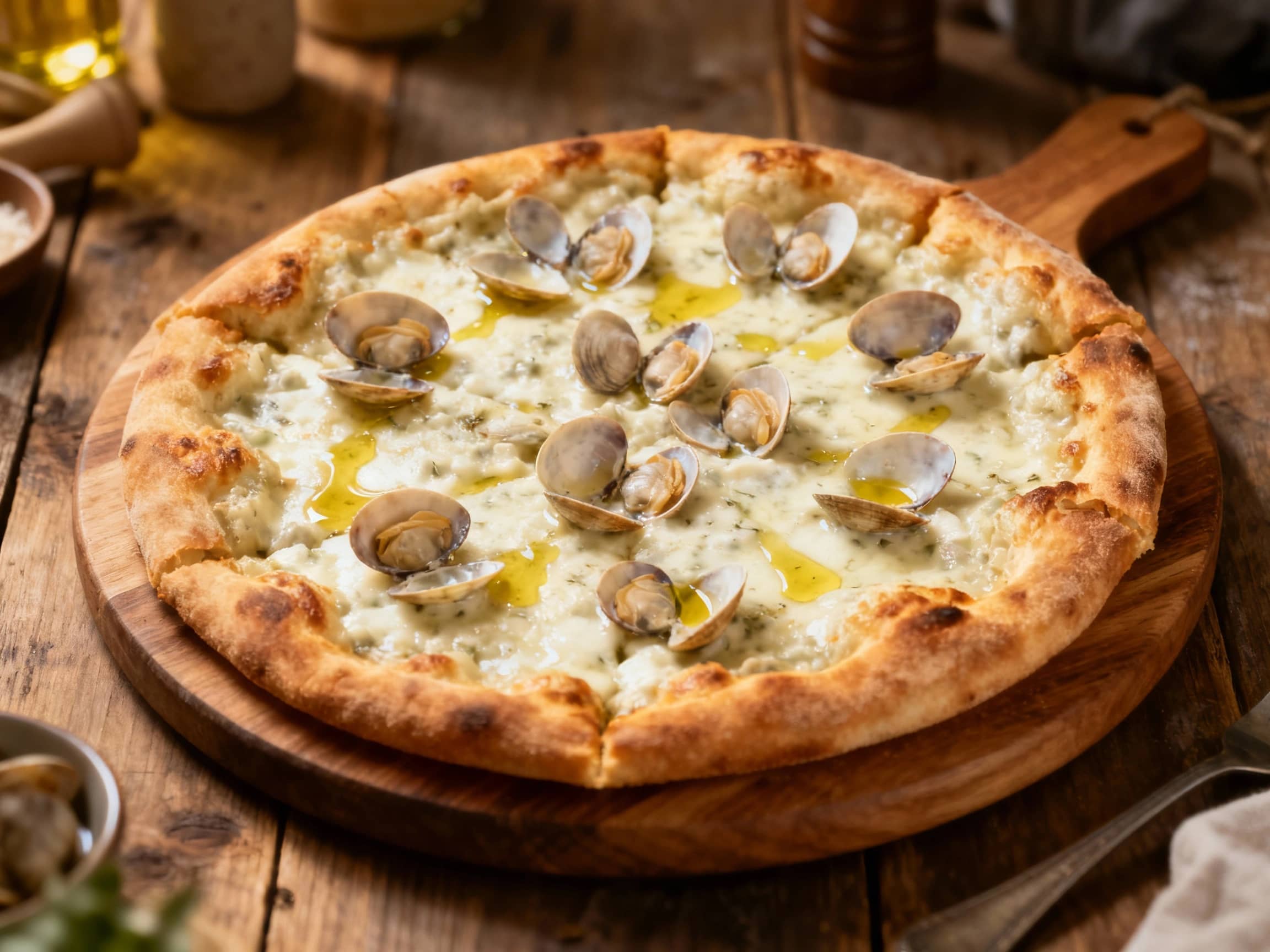A classic New York-style pizza with a creamy white clam sauce is topped with fresh parsley and rests on a dark stone surface, ready to be enjoyed.